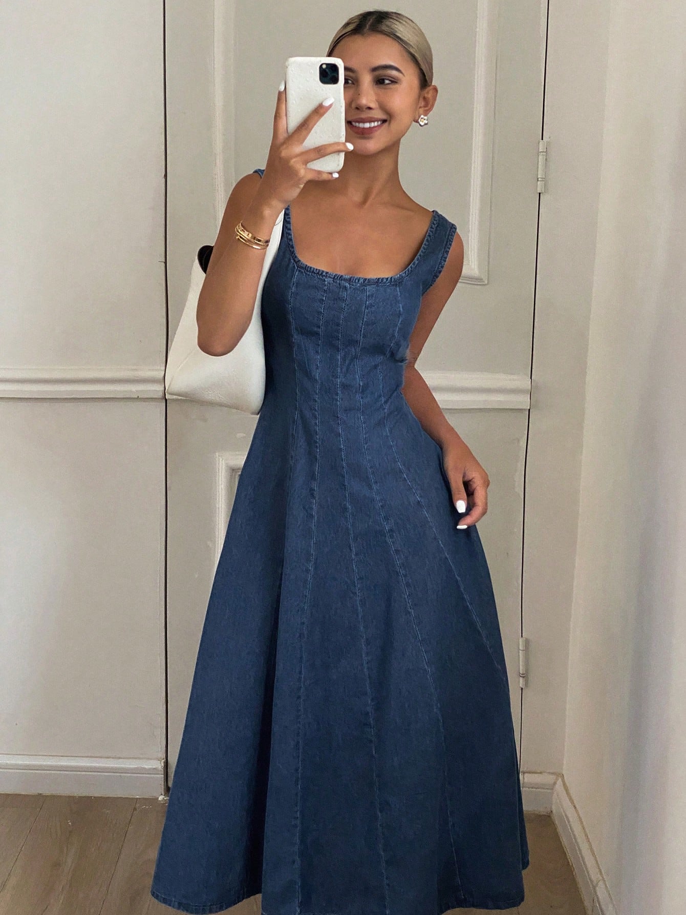 CM-DS459873 Women Casual Seoul Style Solid Square Neck Sleeveless A-Line Denim Dress - Blue