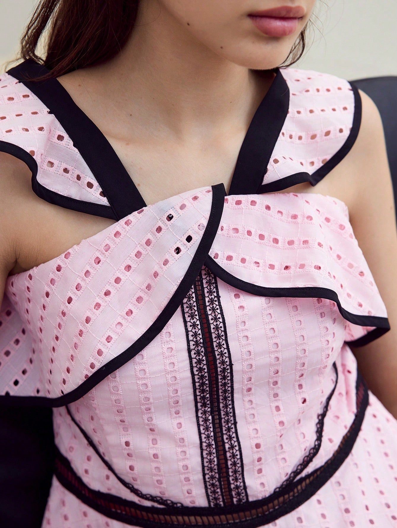 CM-TS070782 Women Elegant Seoul Style V-Neck Sleeveless Contrast Trim Ruffle Detail Top - Baby Pink