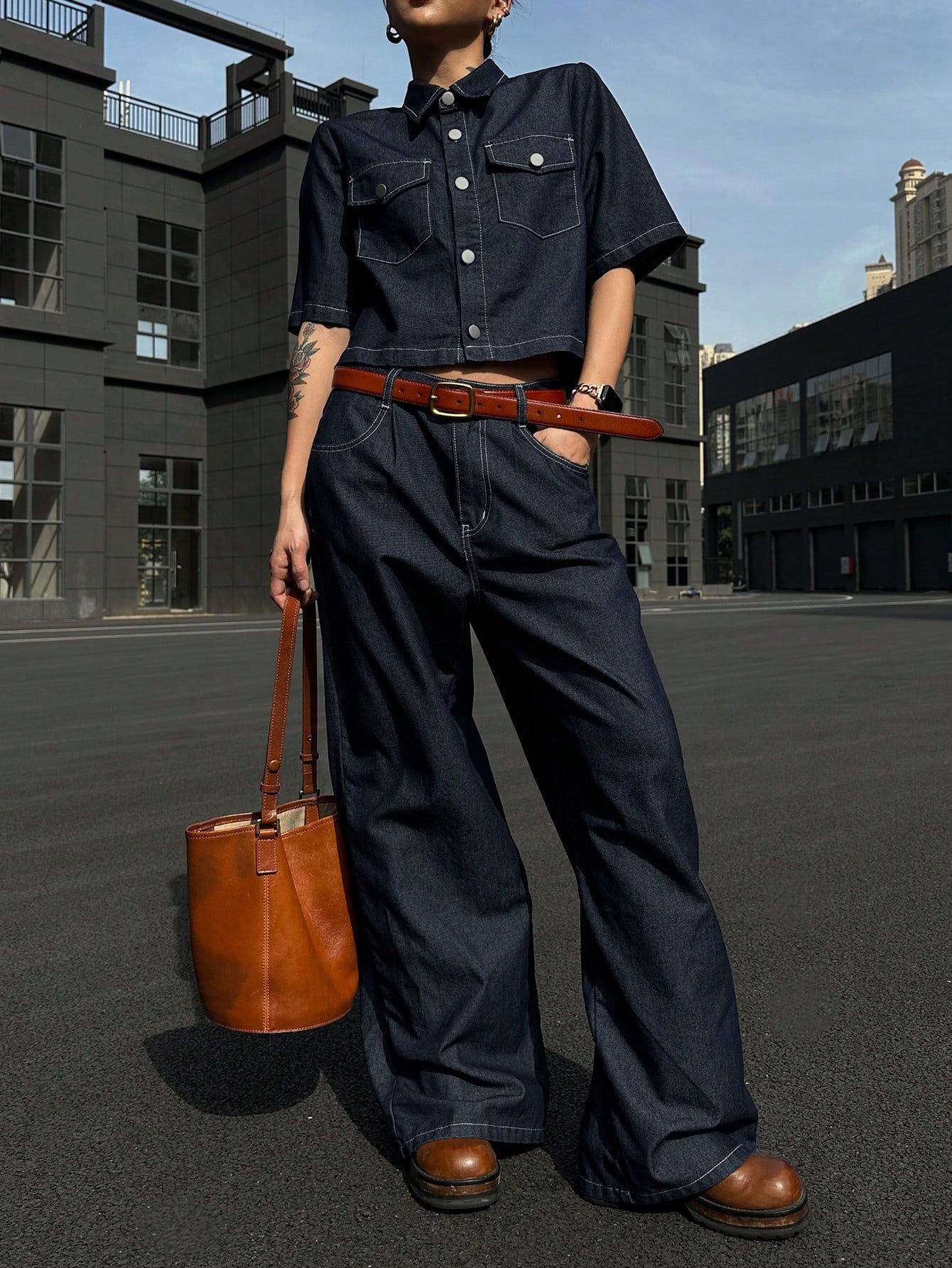 CM-SS380103 Women Casual Seoul Style Collar Neckline Short Sleeve Denim Blouse With Long Pants - Set
