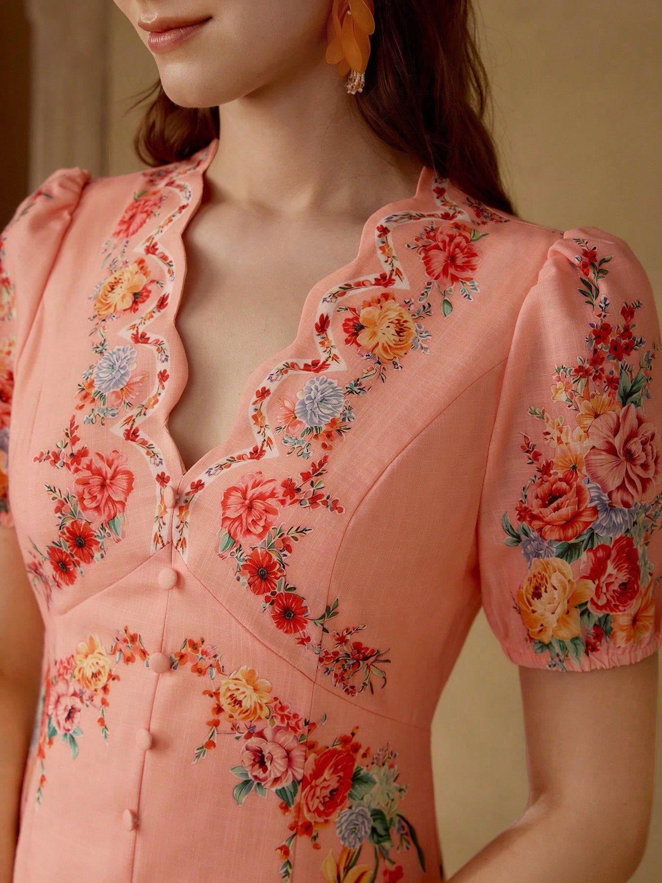 CM-DS812640 Women Elegant Seoul Style V-Neck Floral Print Puff Sleeve Short Dress - Orange