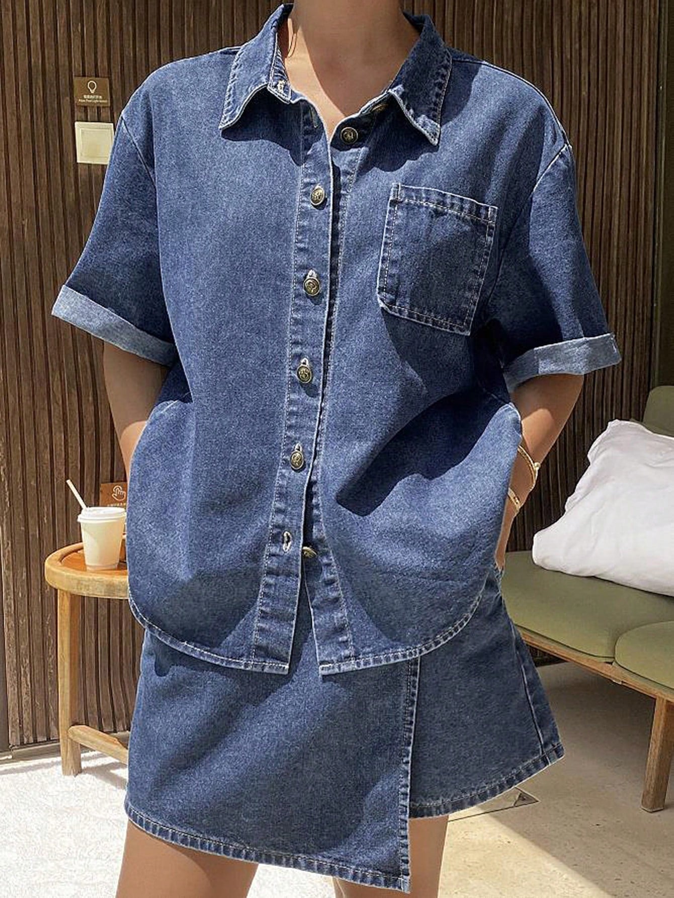 CM-SS228783 Women Casual Seoul Style Medium Wash Drop Shoulder Blouse With Denim Mini Skirt - Set
