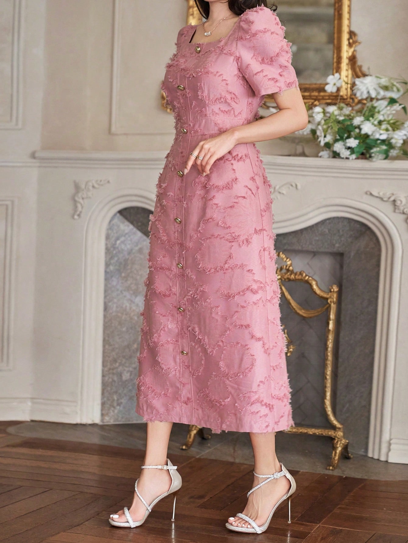 CM-DS754266 Women Elegant Seoul Style Square Neck Puff Sleeve Buttoned Textured Mid-Length Dress