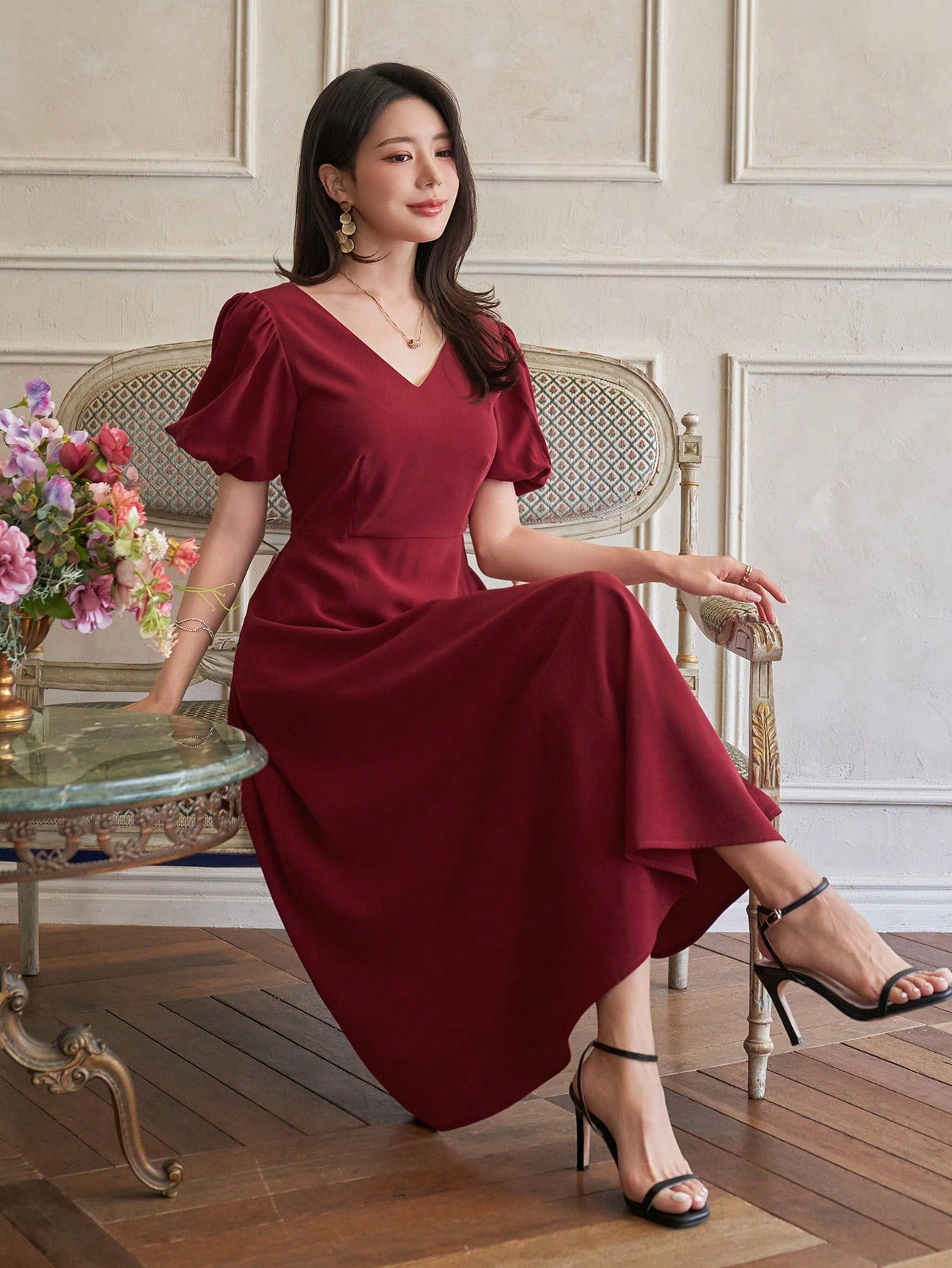 CM-DS329852 Women Elegant Seoul Style Solid V-Neck Puff Sleeve A-Line Mid-Length Dress - Burgundy