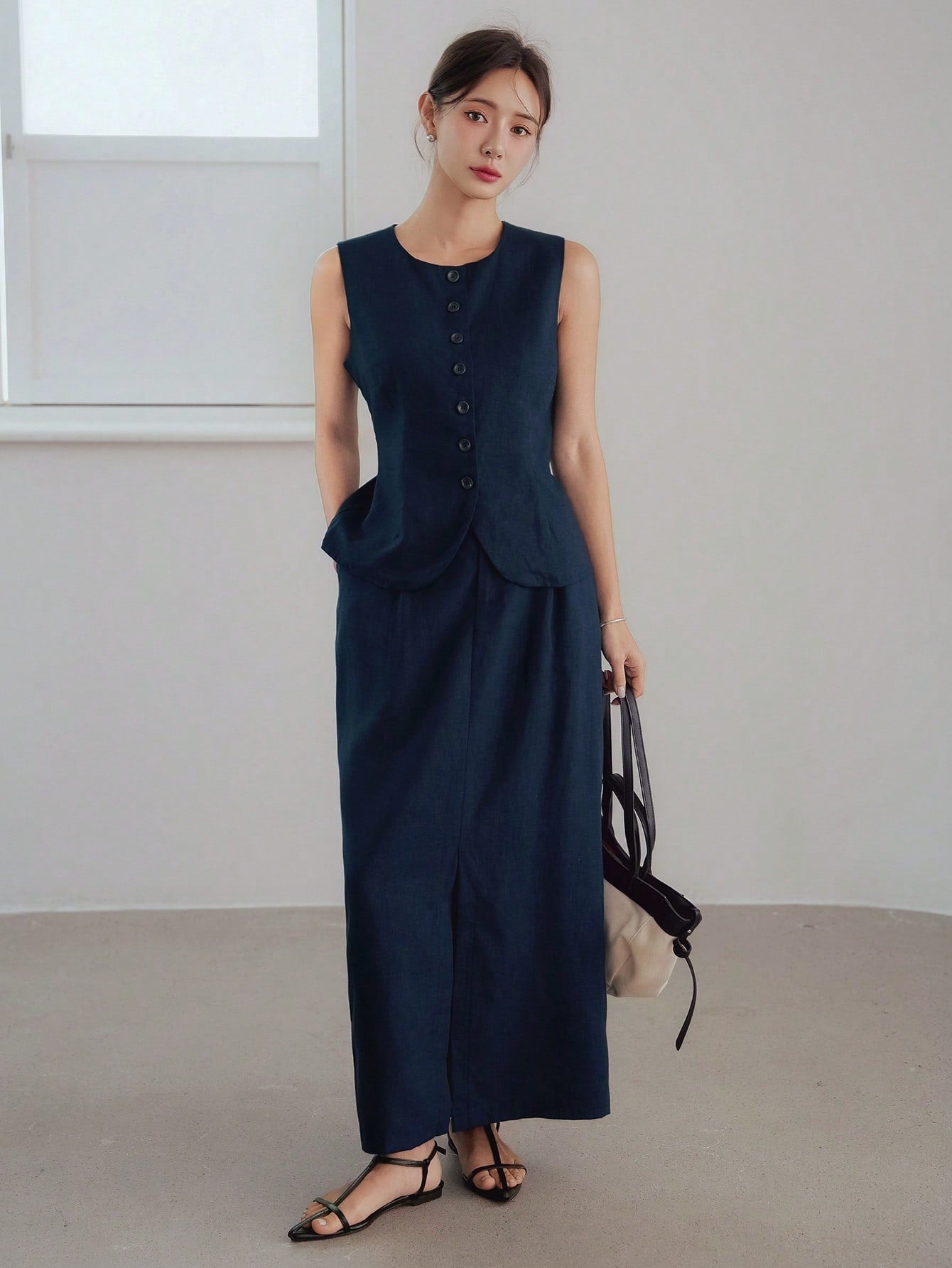 CM-SS999409 Women Elegant Seoul Style Linen Round Neck Sleevelss Waistcoat With High Slit Long Skirt - Set