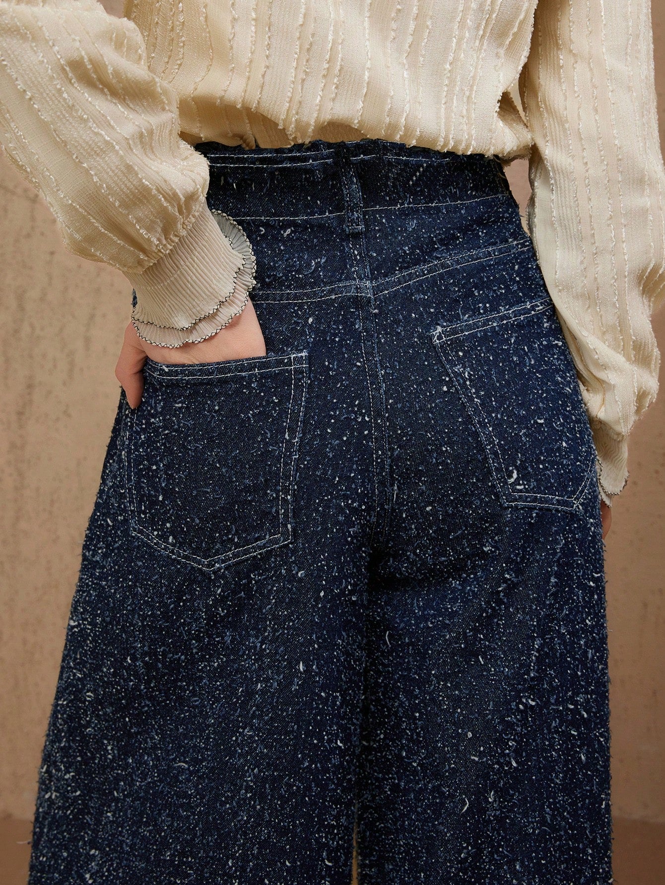 CM-BS785883 Women Casual Seoul Style Mid Waist Loose Embroidered Wide-Leg Jeans - Blue