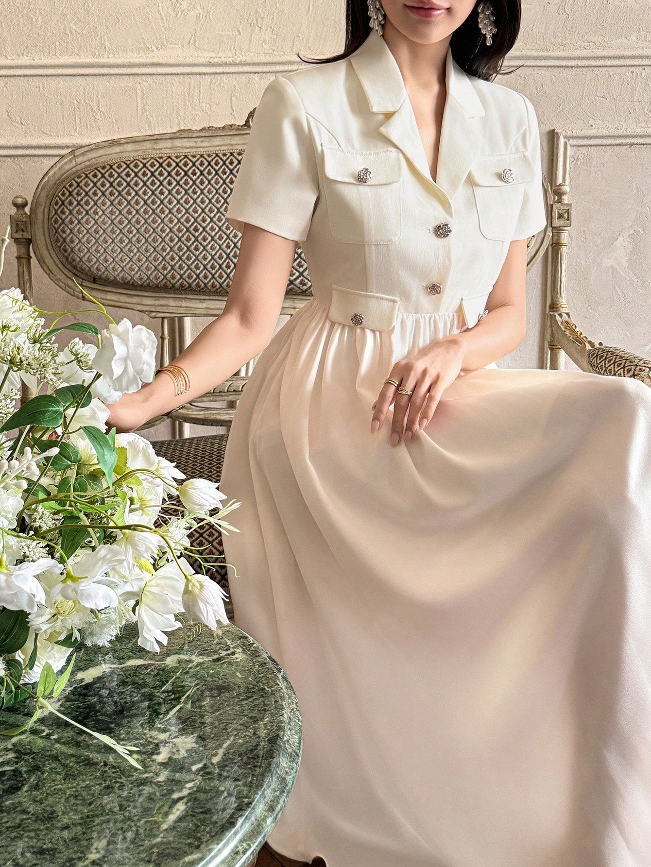 CM-DS530773 Women Elegant Seoul Style Mid-Length Patchwork Suit Collar Pocket Dress - Beige
