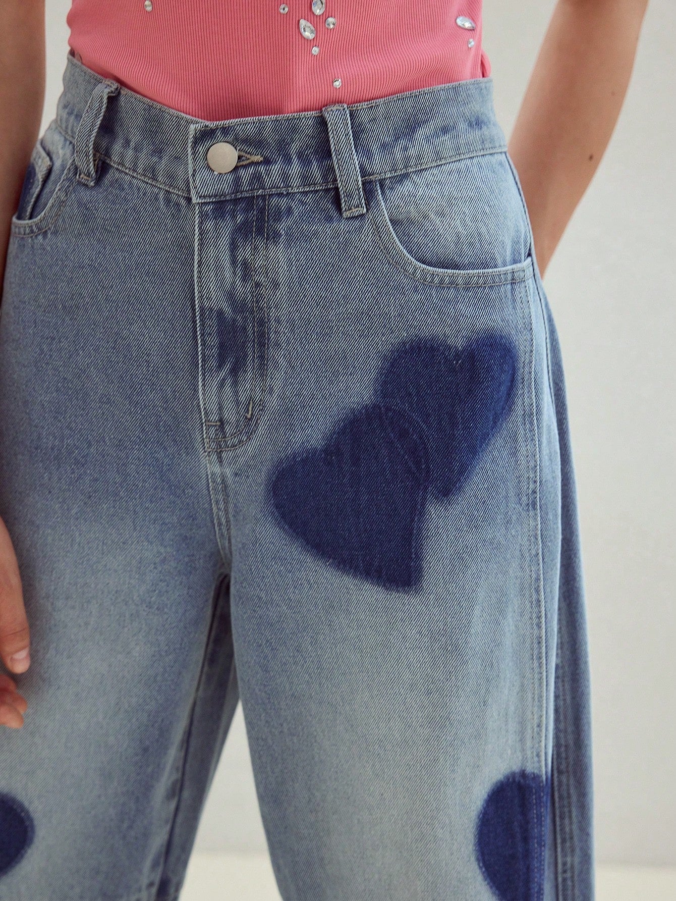 CM-BS747086 Women Casual Seoul Style Mid Waist Heart Patchwork Design Loose Fit Jeans - Blue