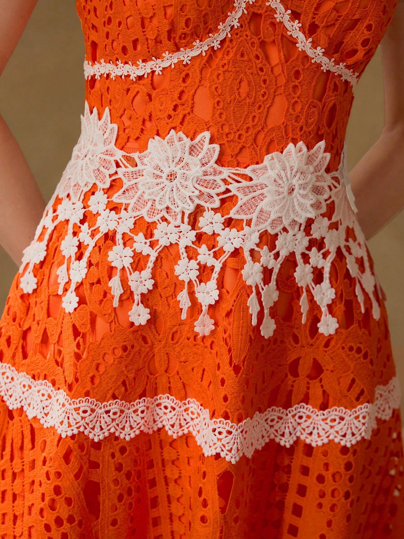 CM-DS770775 Women Trendy Bohemian Style V-Neck Sleeveless Contrast Lace Colorblock Dress - Orange