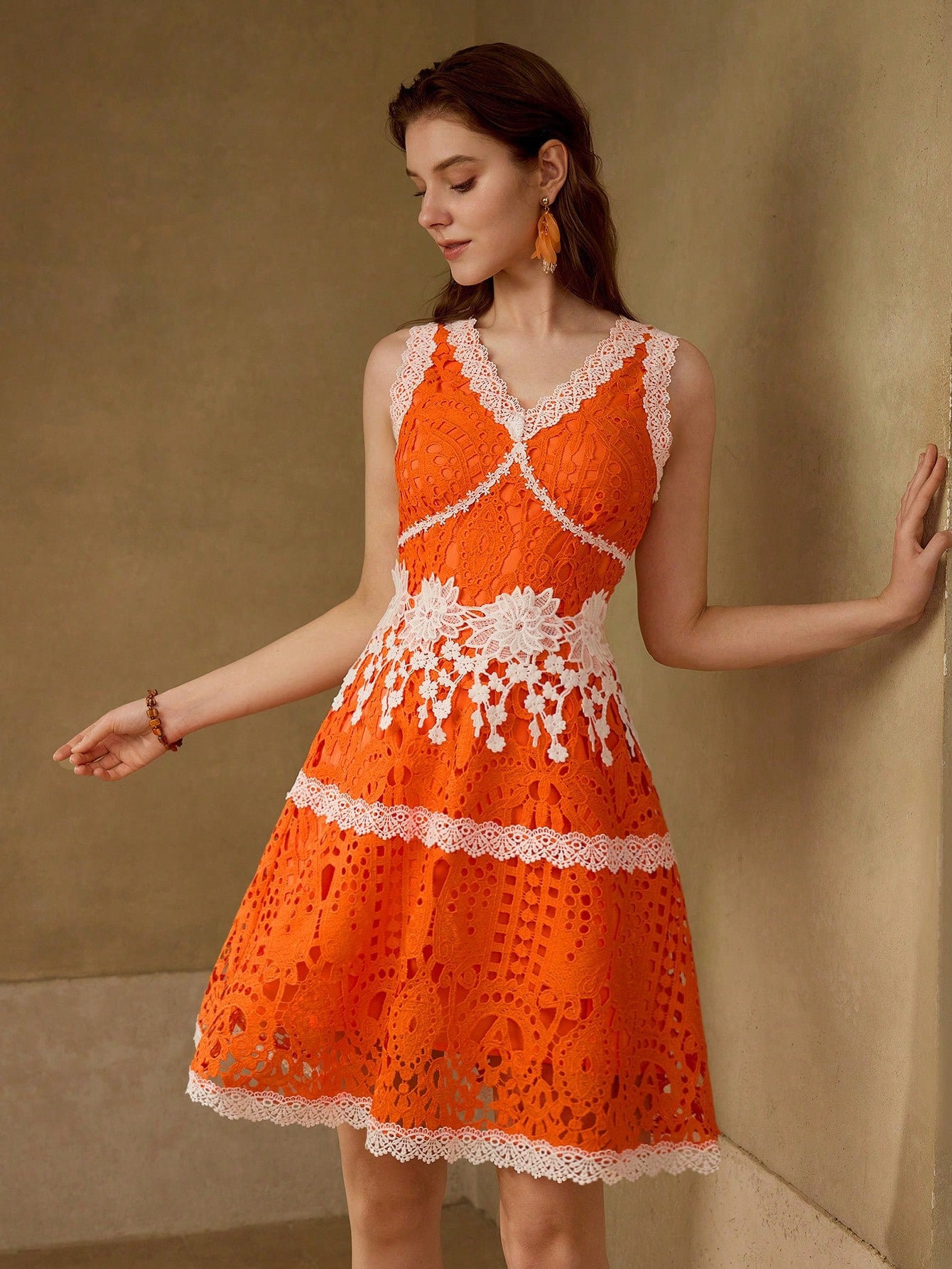 open lace back dress Rust Orange Contrast Printed Tier Long Dress – TJORI main image 0