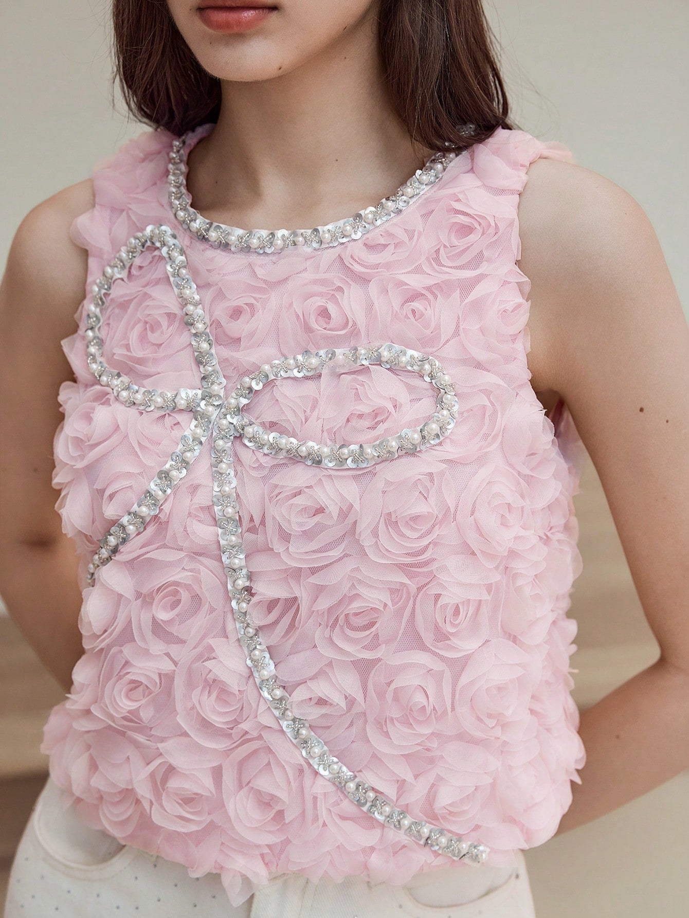 CM-TS711711 Women Elegant Seoul Style Round Neck Sleeveless Appliques Pearl Detail Tank Top - Pink