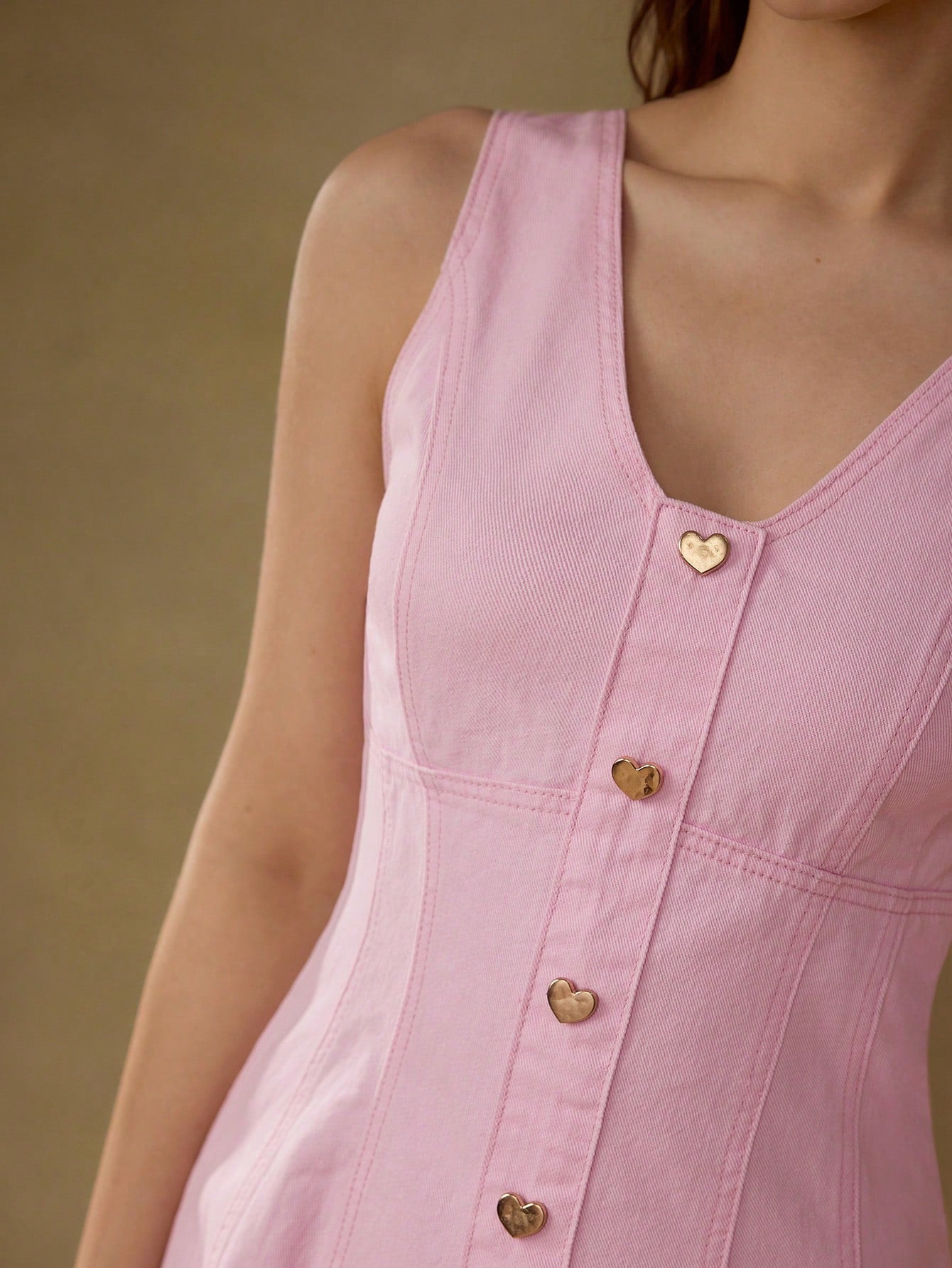 CM-DS296601 Women Casual Seoul Style V-Neck Sleeveless Button Up Zipper Short Denim Dress - Pink