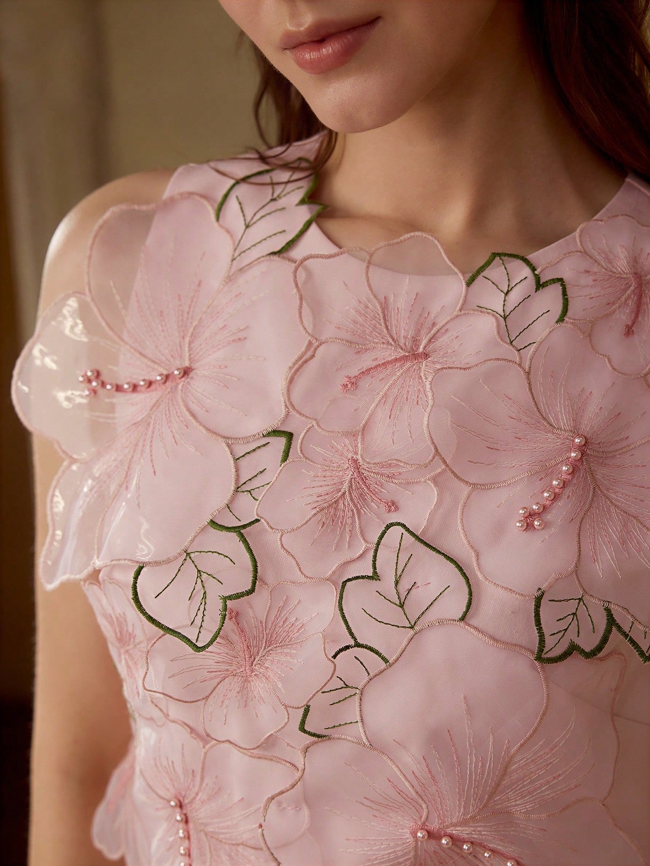 CM-TS400202 Women Elegant Seoul Style Floral Appliques Faux Pearl Detail Round Neck Sleeveless Tank Top - Pink