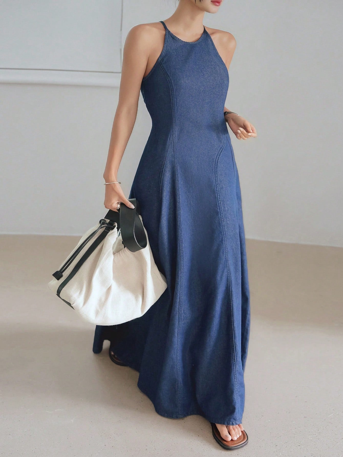 CM-DS446253 Women Casual Seoul Style Medium Wash Fish Tail Flared Hem Suspender Mid Long Denim Dress