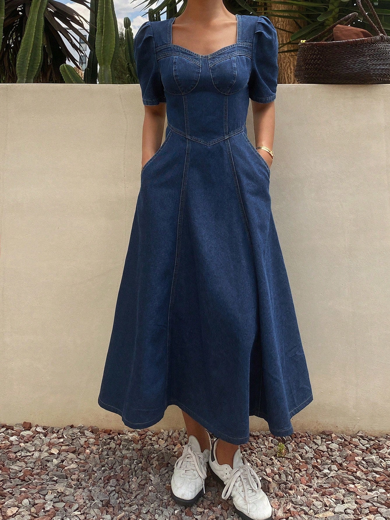 CM-DS486066 Women Casual Seoul Style Sweetheart Neckline Puff Sleeve Denim Sundress - Blue