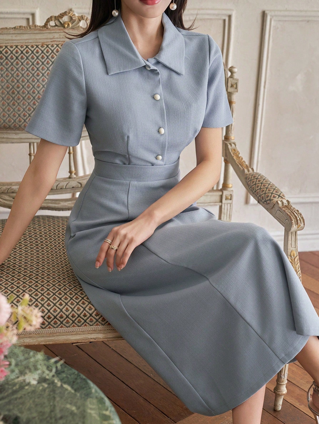 CM-SS000256 Women Elegant Seoul Style Solid Color Collar Neckline Short Sleeve Blouse With Midi Skirt - Set