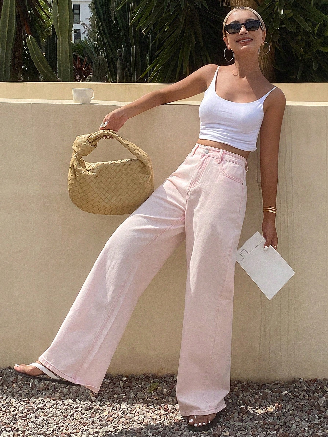 CM-BS503303 Women Casual Seoul Style Mid Waist Loose Straight Cut Denim Jeans - Baby Pink