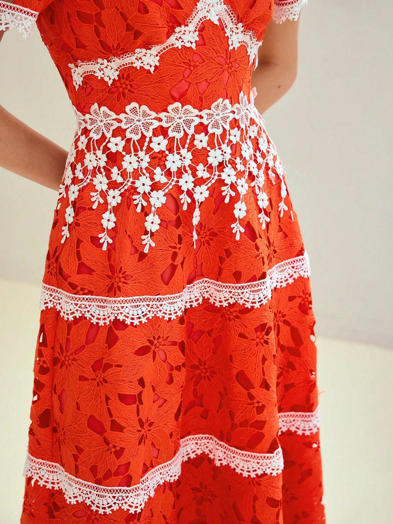 CM-DS241225 Women Elegant Seoul Style V-Neck Short Sleeve Contrast Lace Cut Out High Waist Dress - Orange