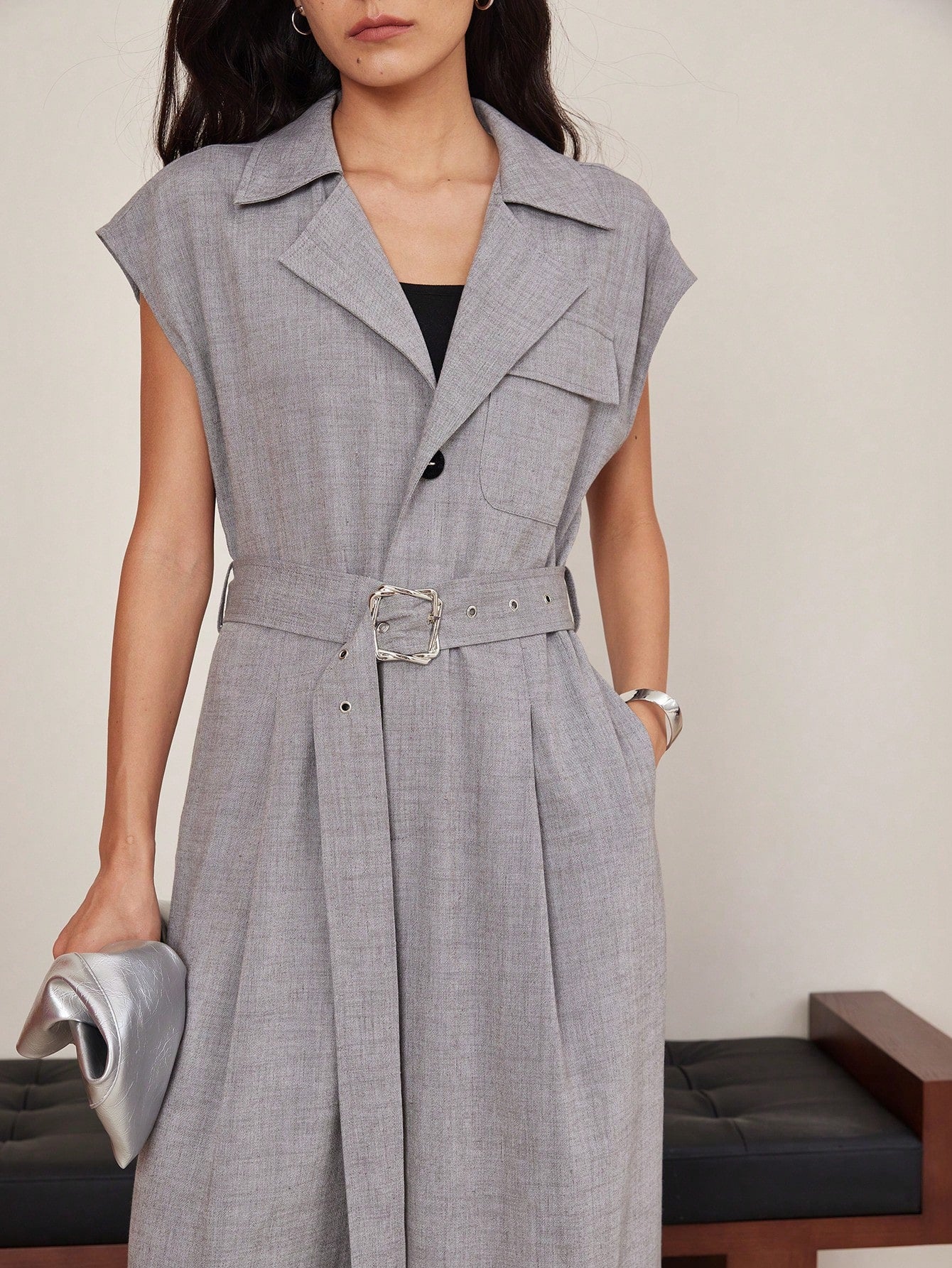 CM-JS696603 Women Elegant Seoul Style Solid Color Linen Belt Decor V-Neck Wide Leg Jumpsuit - Gray