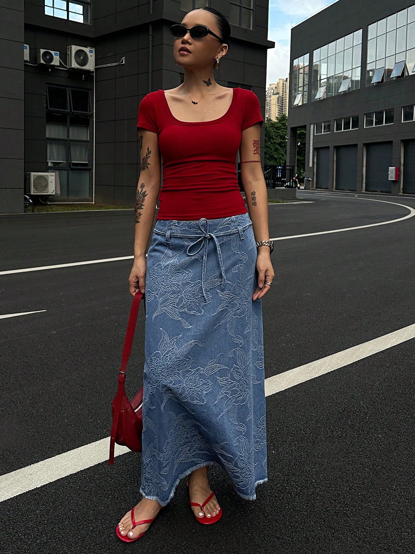 CM-BS121430 Women Casual Seoul Style Mid Waist Floral Print Drawstring Belted Denim Skirt - Blue