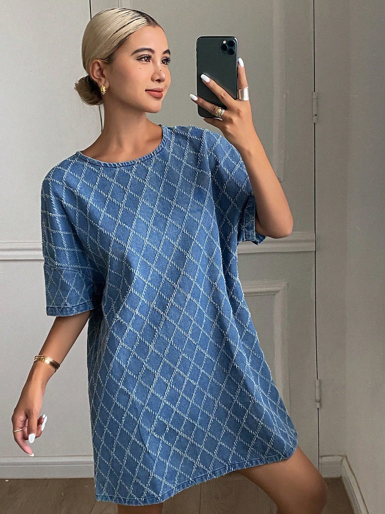 CM-DS391968 Women Casual Seoul Style Plaid Print Round Neck Short Sleeve Denim Dress - Blue
