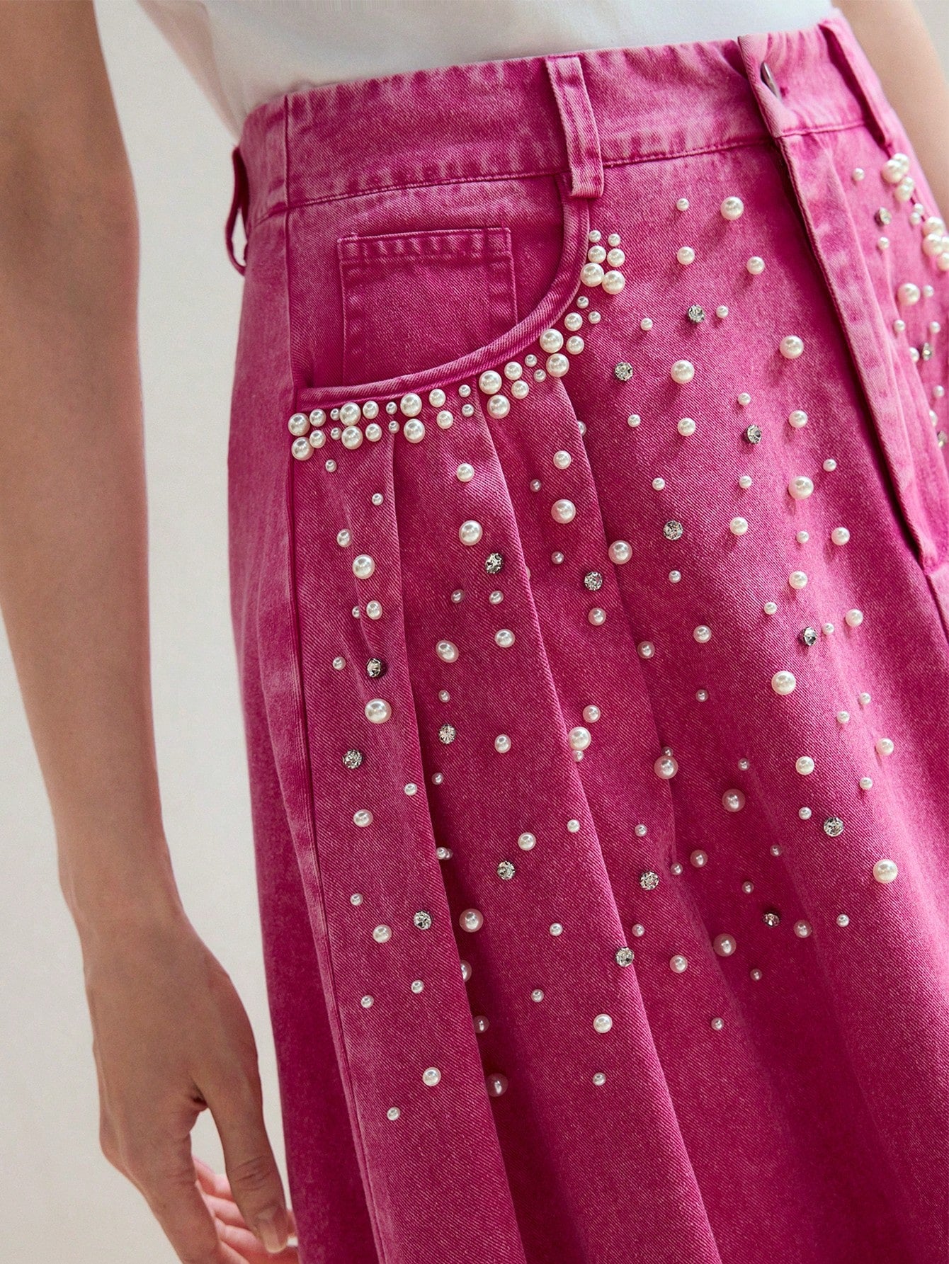 CM-BS894799 Women Elegant Seoul Style Faux Pearl Detail Mid Waist Slant Pocket Denim Skirt - Pink