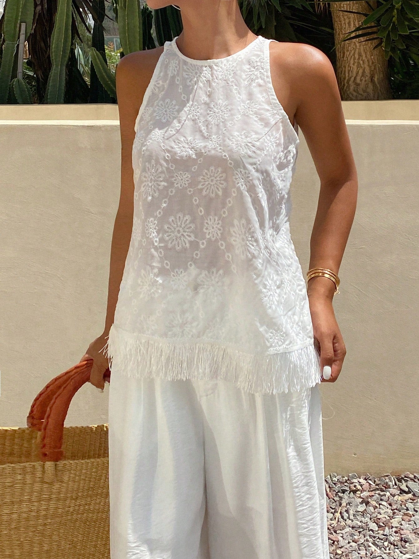 CM-SS677924 Women Trendy Seoul Style Floral Embroidery Tassel Hem Sleeveless Top With Wide Leg Pants - Set