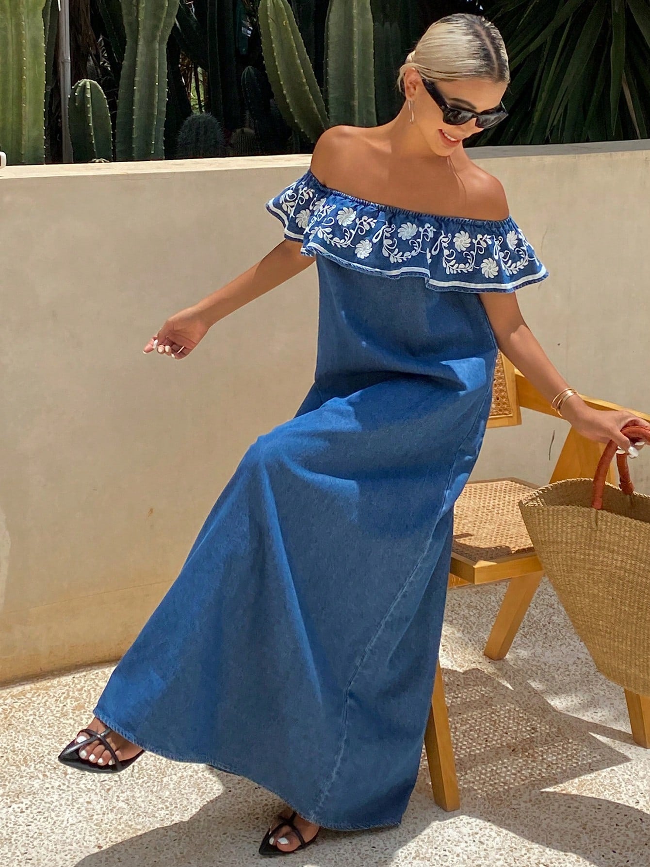 CM-DS972965 Women Casual Seoul Style Floral Embroidery Off Shoulder Ruffle Hem Dress - Blue