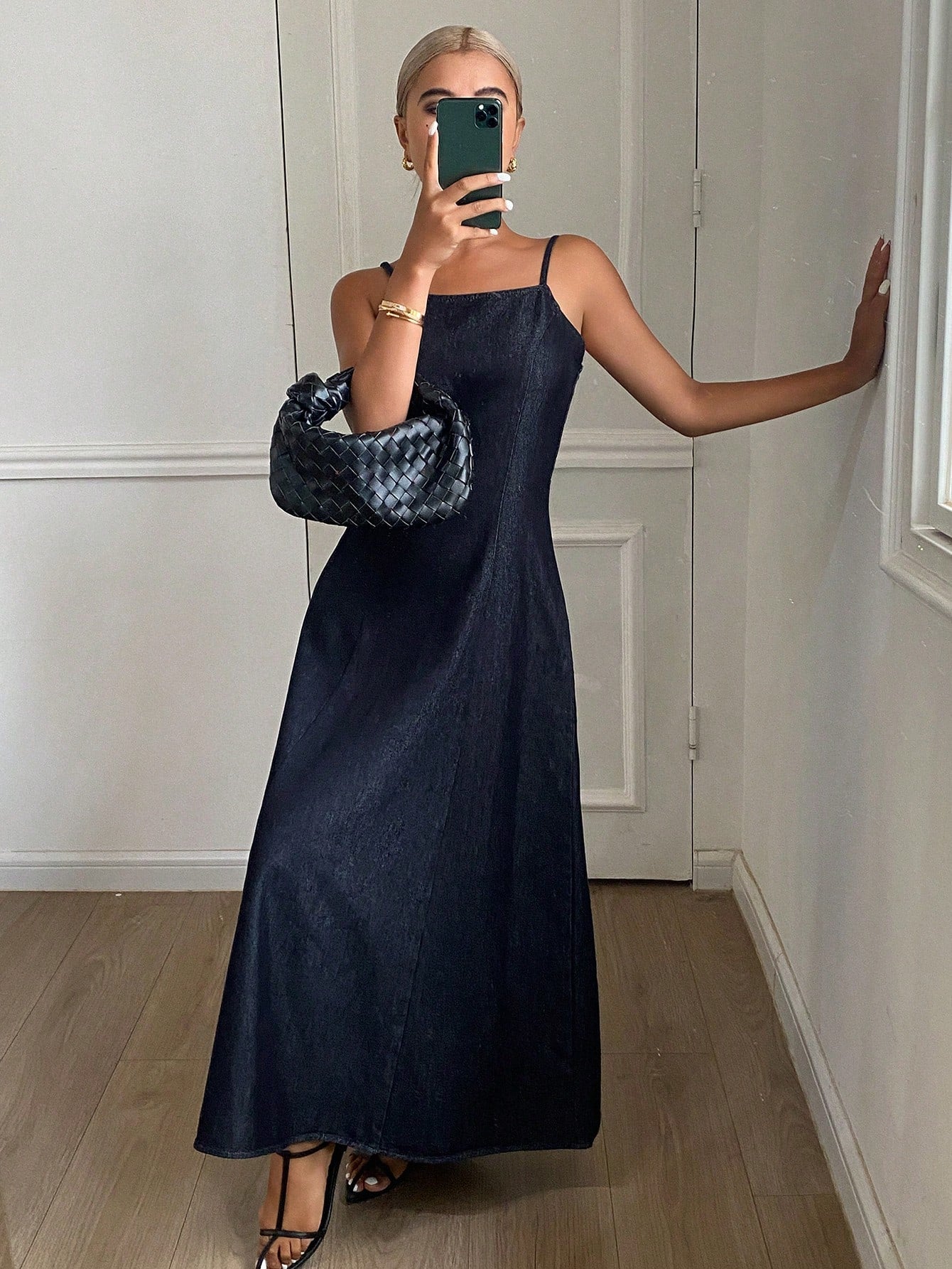 CM-DS929232 Women Casual Seoul Style Solid Color Waist-Cinched Backless Spaghetti Strap Denim Dress - Blue