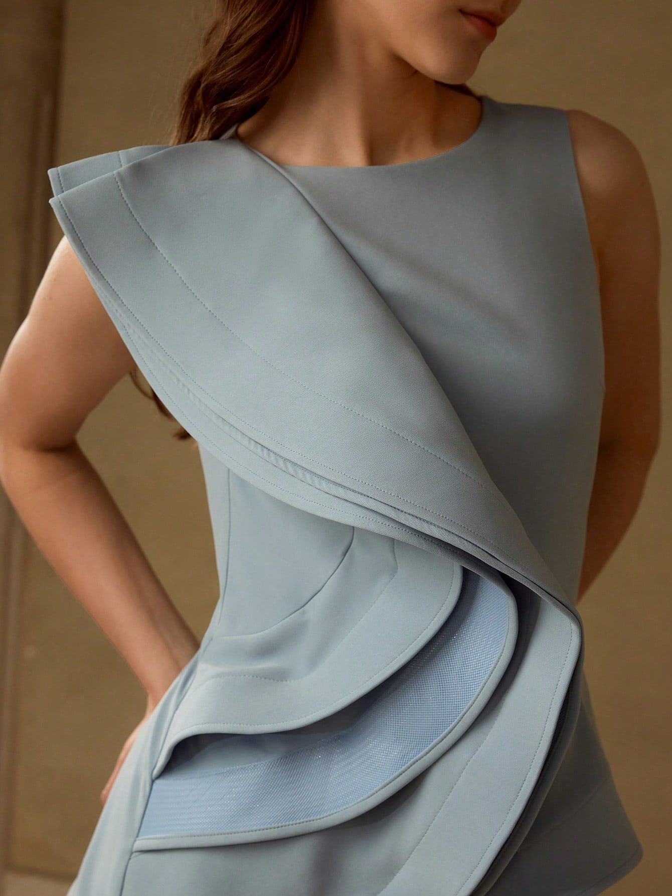 CM-TS467962 Women Elegant Seoul Style Solid Layered Ruffle Trim Asymmetrical Hem Peplum Top - Blue