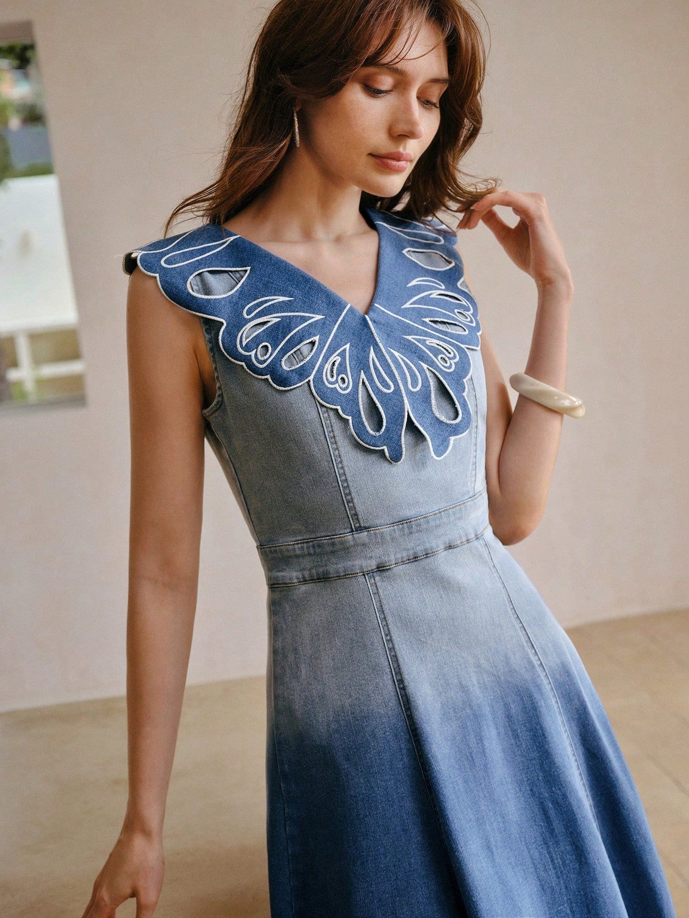CM-DS323358 Women Elegant Seoul Style V-Neck Sleeveless Cut Out Embroidery Denim Dress - Blue