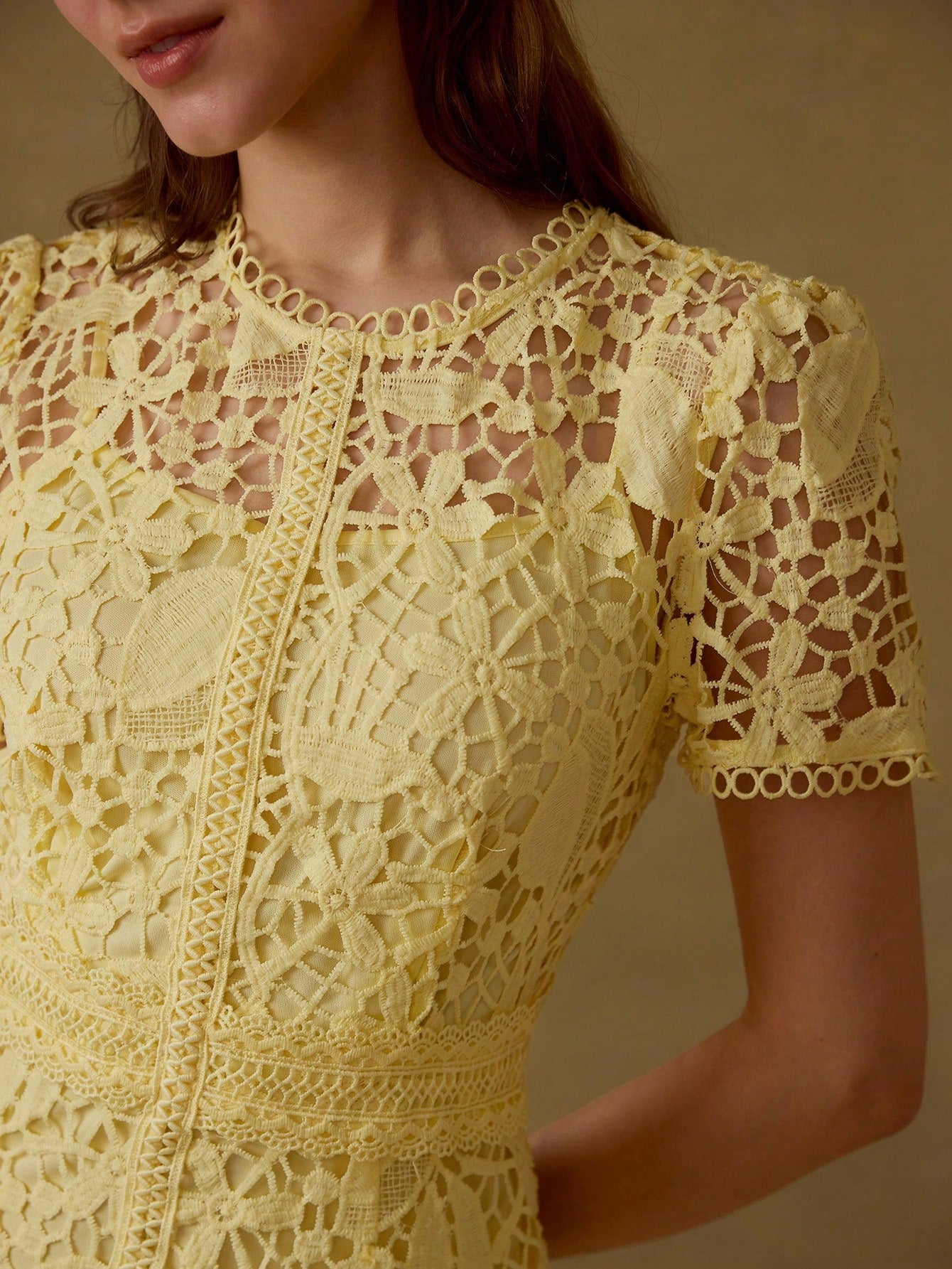 CM-DS878772 Women Elegant Seoul Style Round Neck Puff Sleeve Guipure Lace Sheer Dress - Yellow