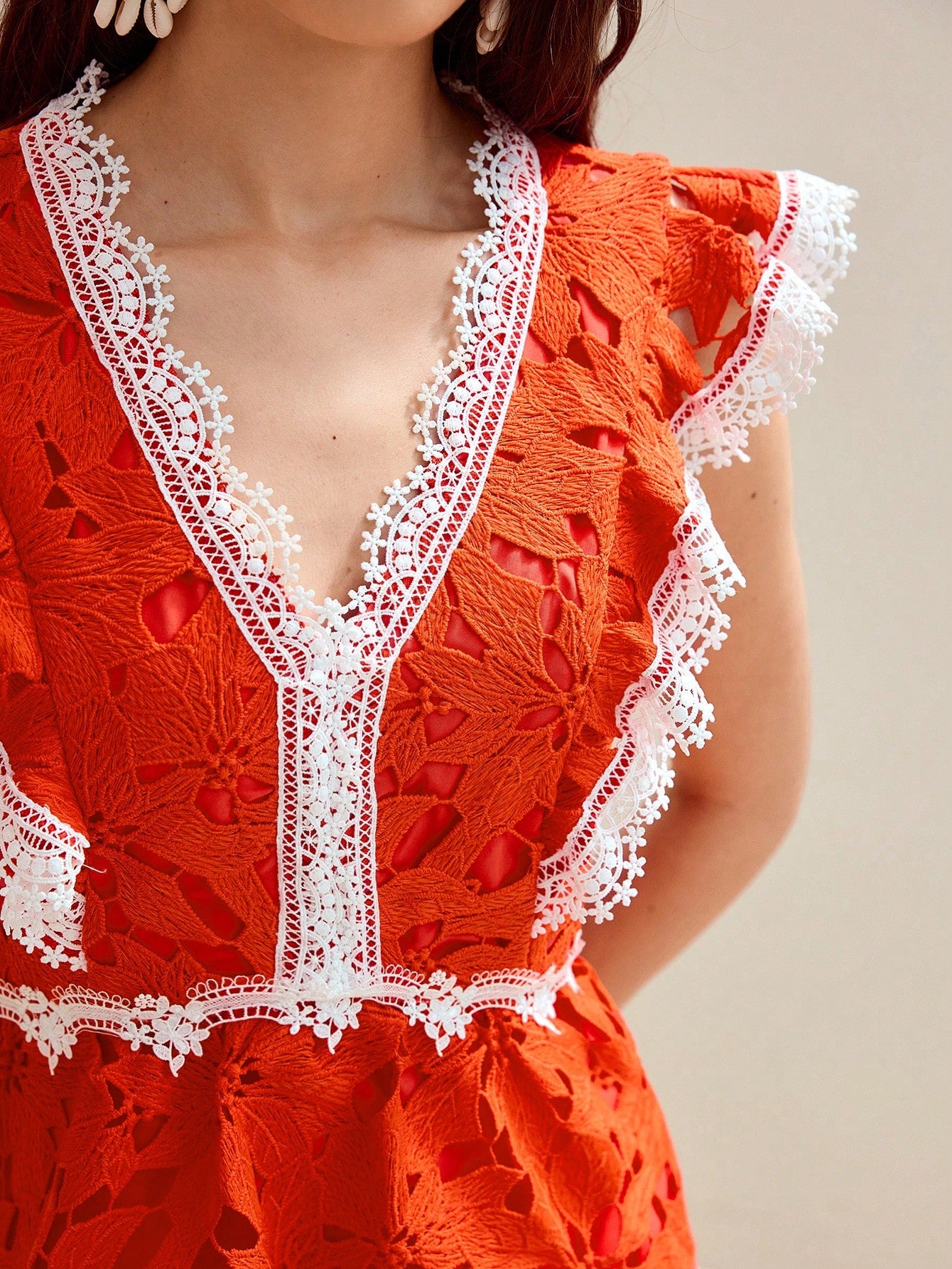 CM-SS142162 Women Trendy Bohemian Style Contrast Lace V-Neck Cap Sleeve Camisole Top With Short Pants - Set