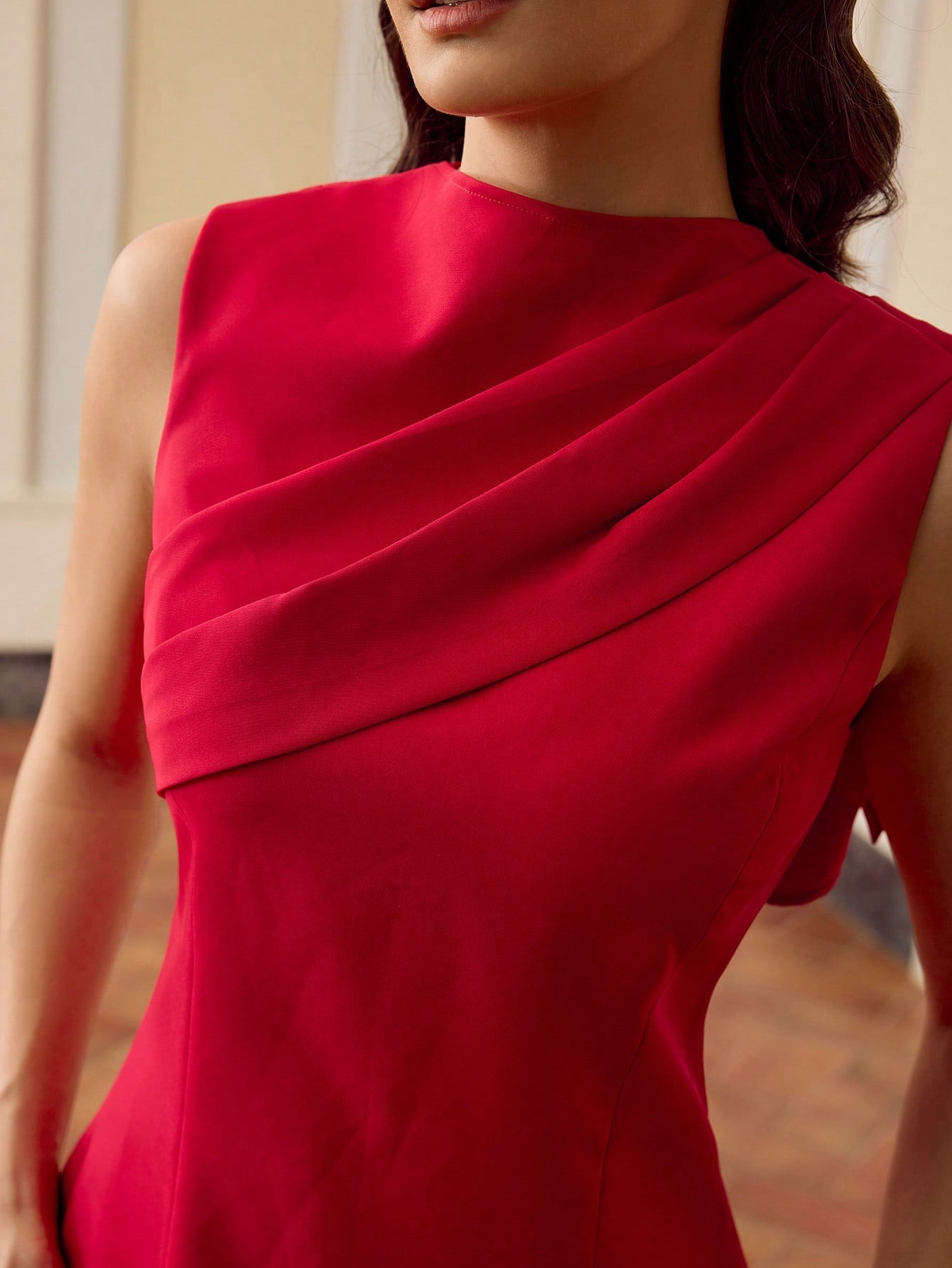 CM-TS149797 Women Elegant Seoul Style Sleeveless Asymmetric Pleated Ruched Waist Blouse - Red