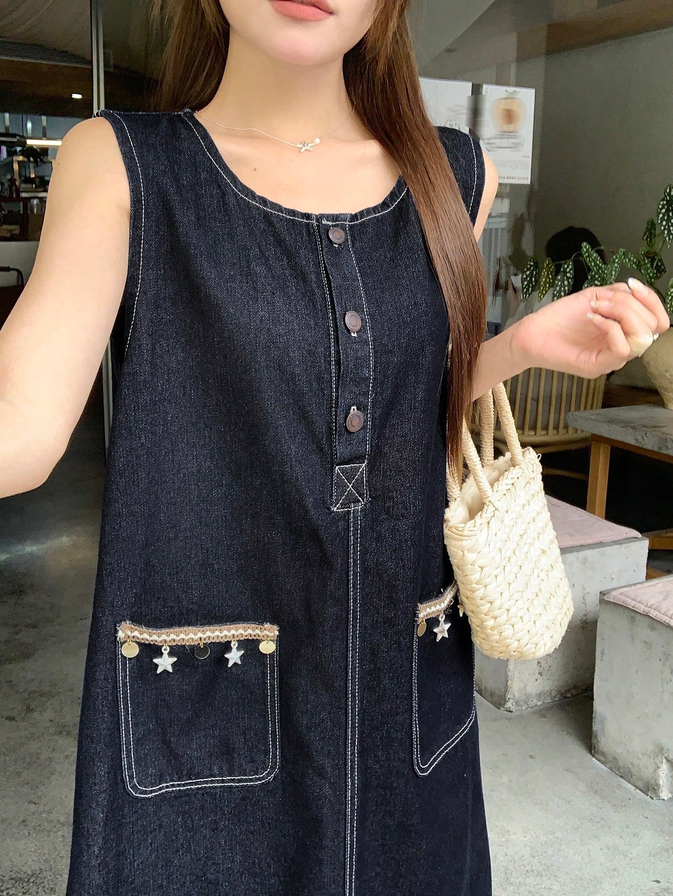 CM-DS430485 Women Casual Seoul Style Scoop Neck Sleeveless Loose Midi Denim Dress - Blue