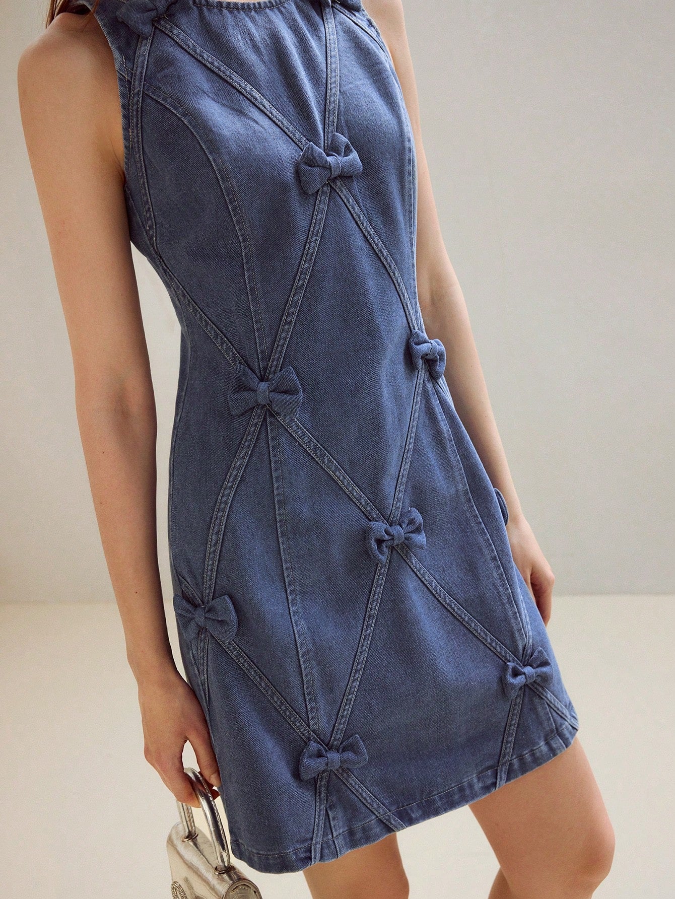 CM-DS022143 Women Elegant Seoul Style Bow Decor Round Neck Sleeveless Zipper Back Tank Denim Dress - Blue