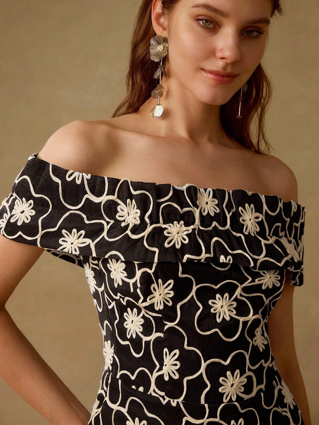 CM-DS003344 Women Elegant Seoul Style Embroidered Off Shoulder Fishtail Slim Fit Mid-Length Dress