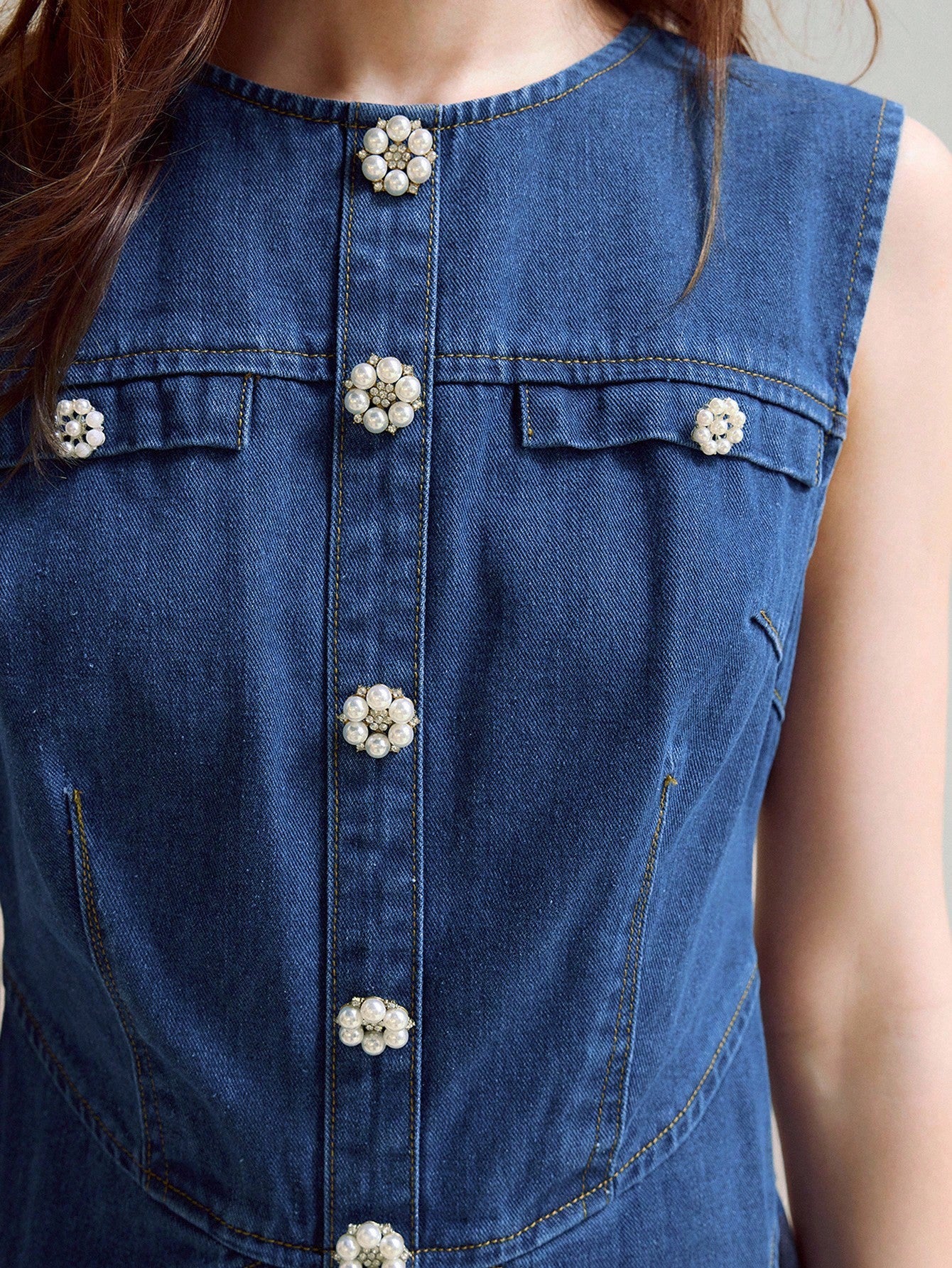 CM-DS473723 Women Elegant Seoul Style Round Neck Pearl Decor Waist Cinched Sleeveless Denim Dress - Blue