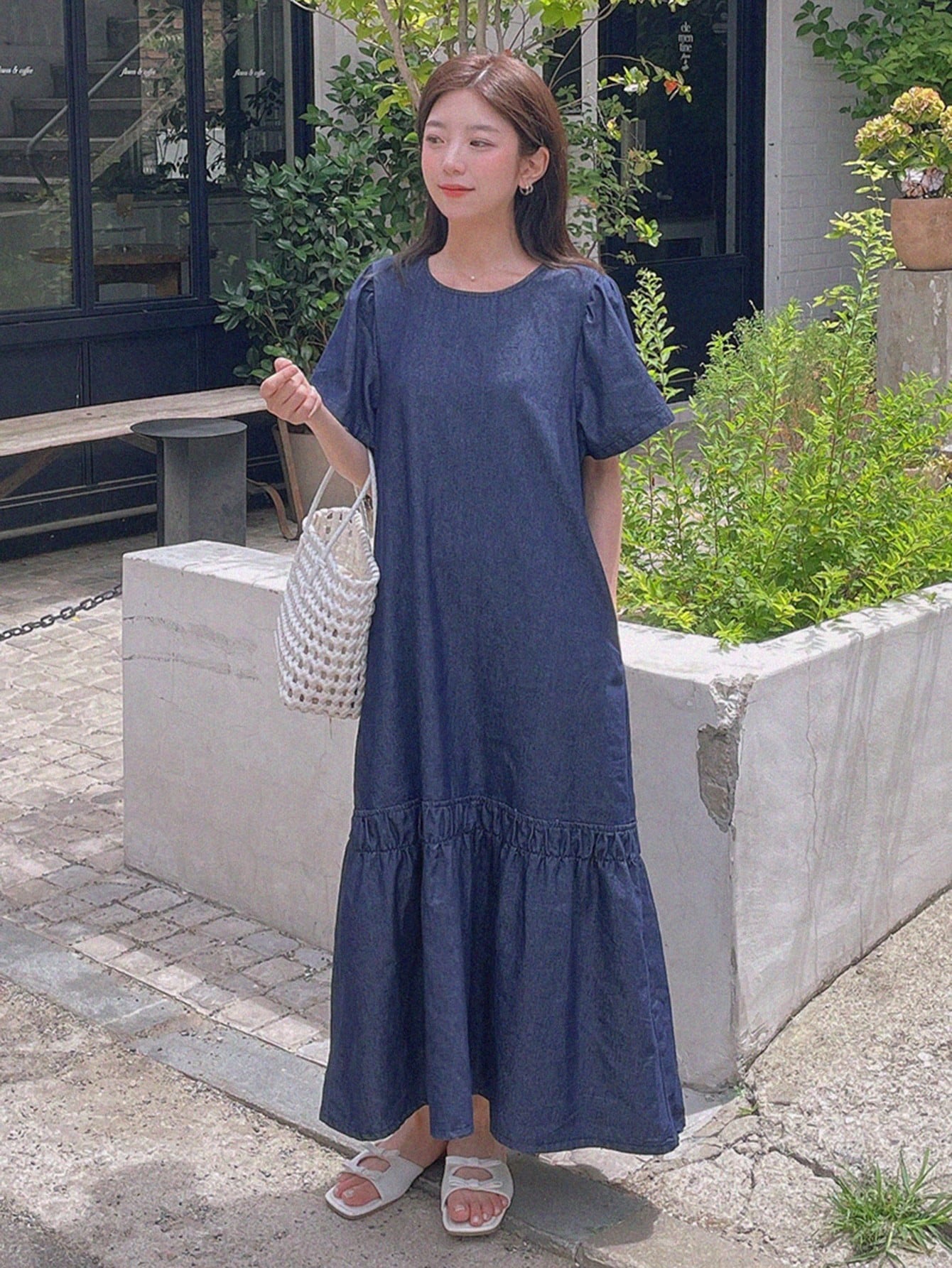 CM-DS310214 Women Casual Seoul Style Round Neck Short Sleeve Loose Midi Denim Dress - Blue