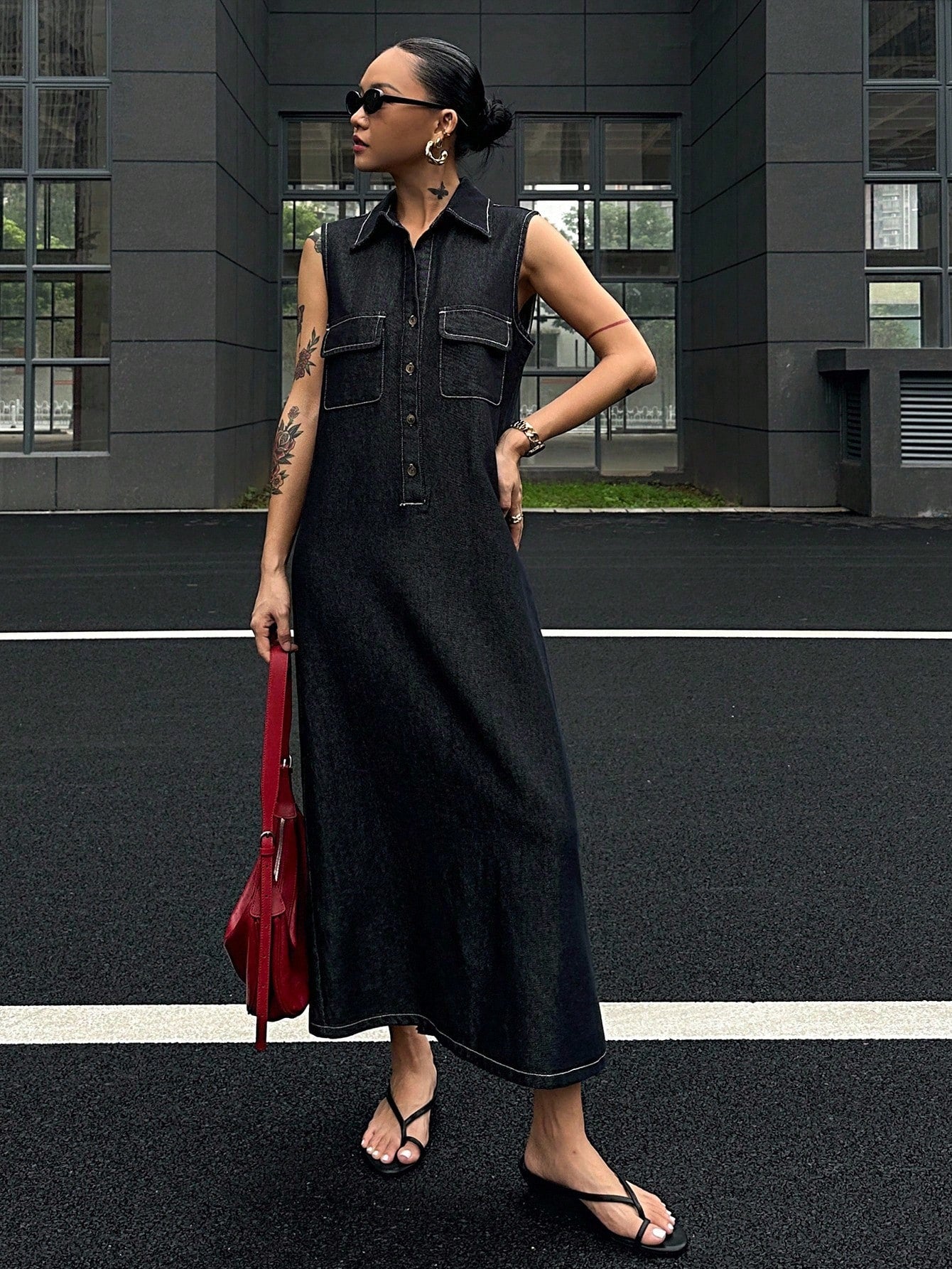 CM-DS255056 Women Casual Seoul Style Dark Wash Cargo Pocket Button Half Placket Sleeveless Denim Dress