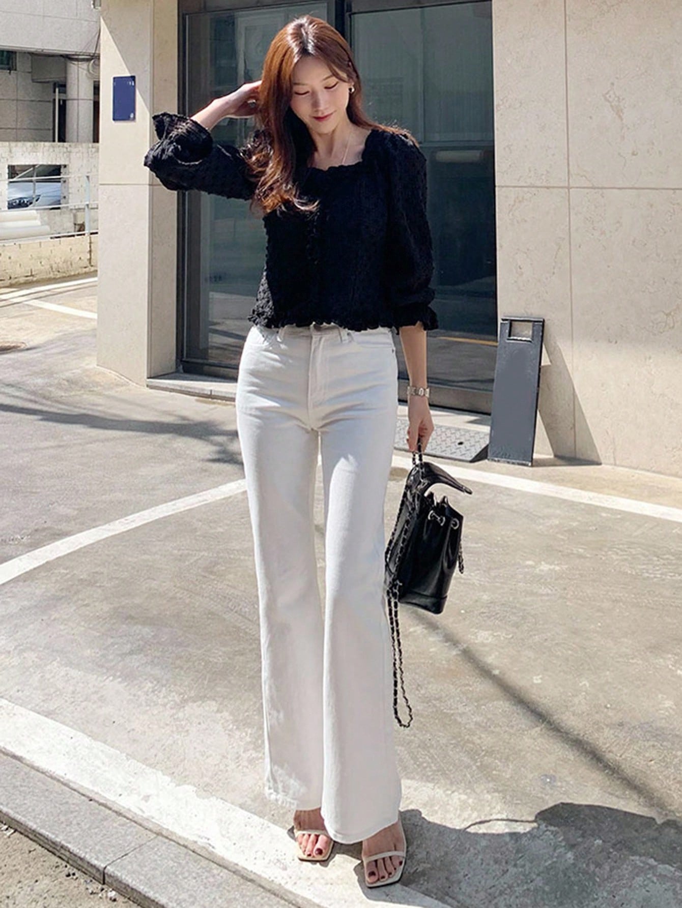 CM-BS543994 Women Casual Seoul Style Stretch Elastic Flare Bottom Back Slit Fitted Jeans Pants - White