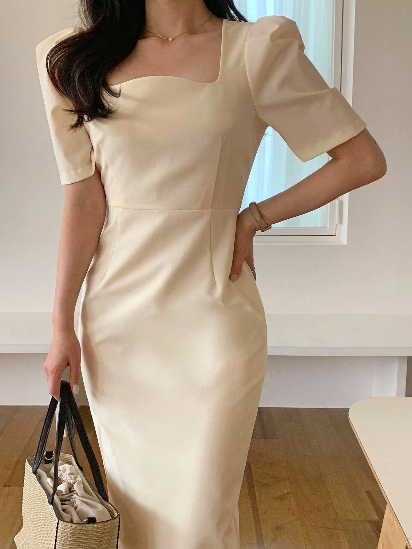 CM-DS675936 Women Casual Seoul Style Square Neck Cinched Waist Mid-Length Dress - Apricot