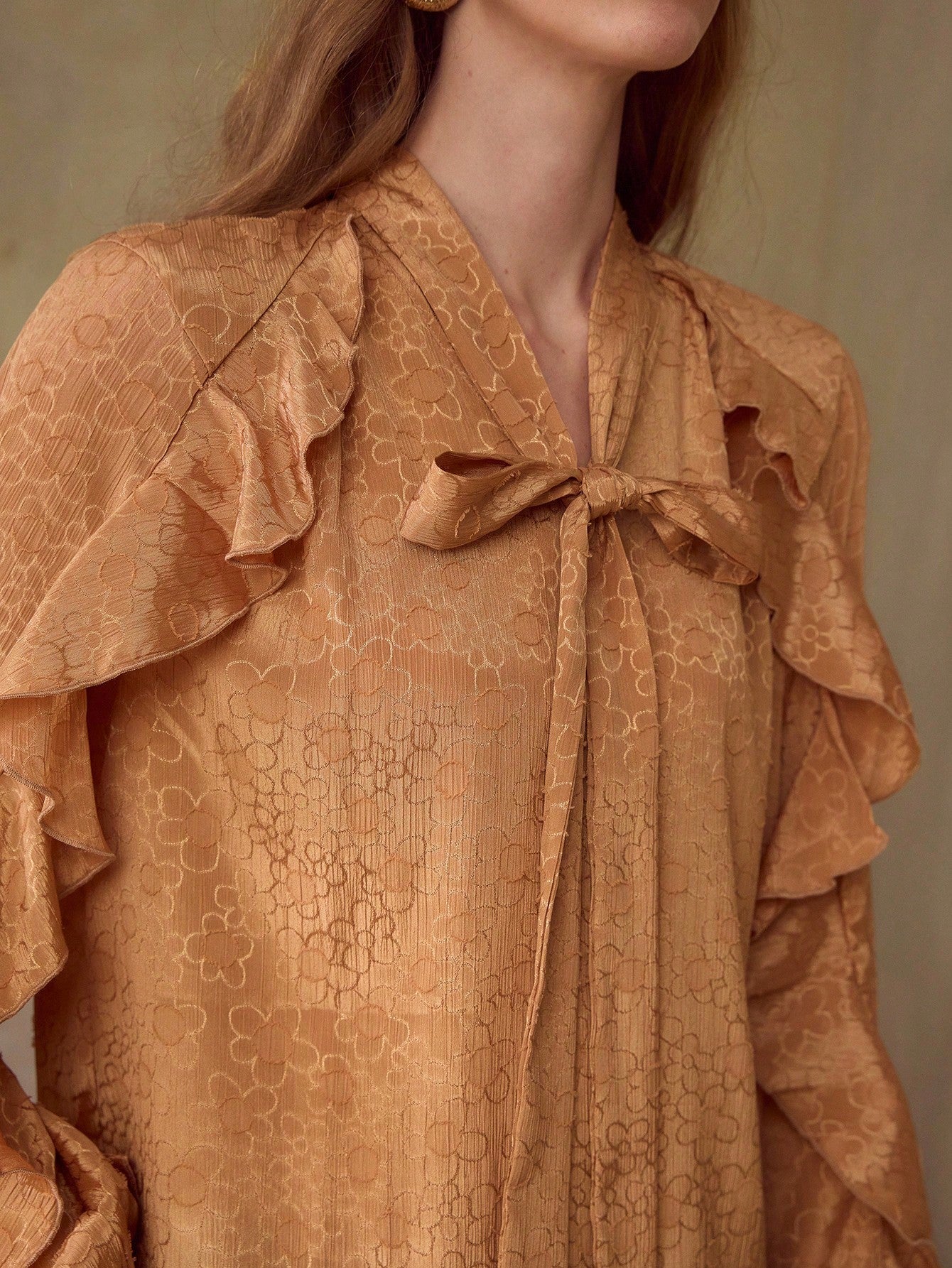 CM-TS944423 Women Elegant Seoul Style Tie Neck Long Sleeve Ruffle Jacquard Knot Blouse - Brown