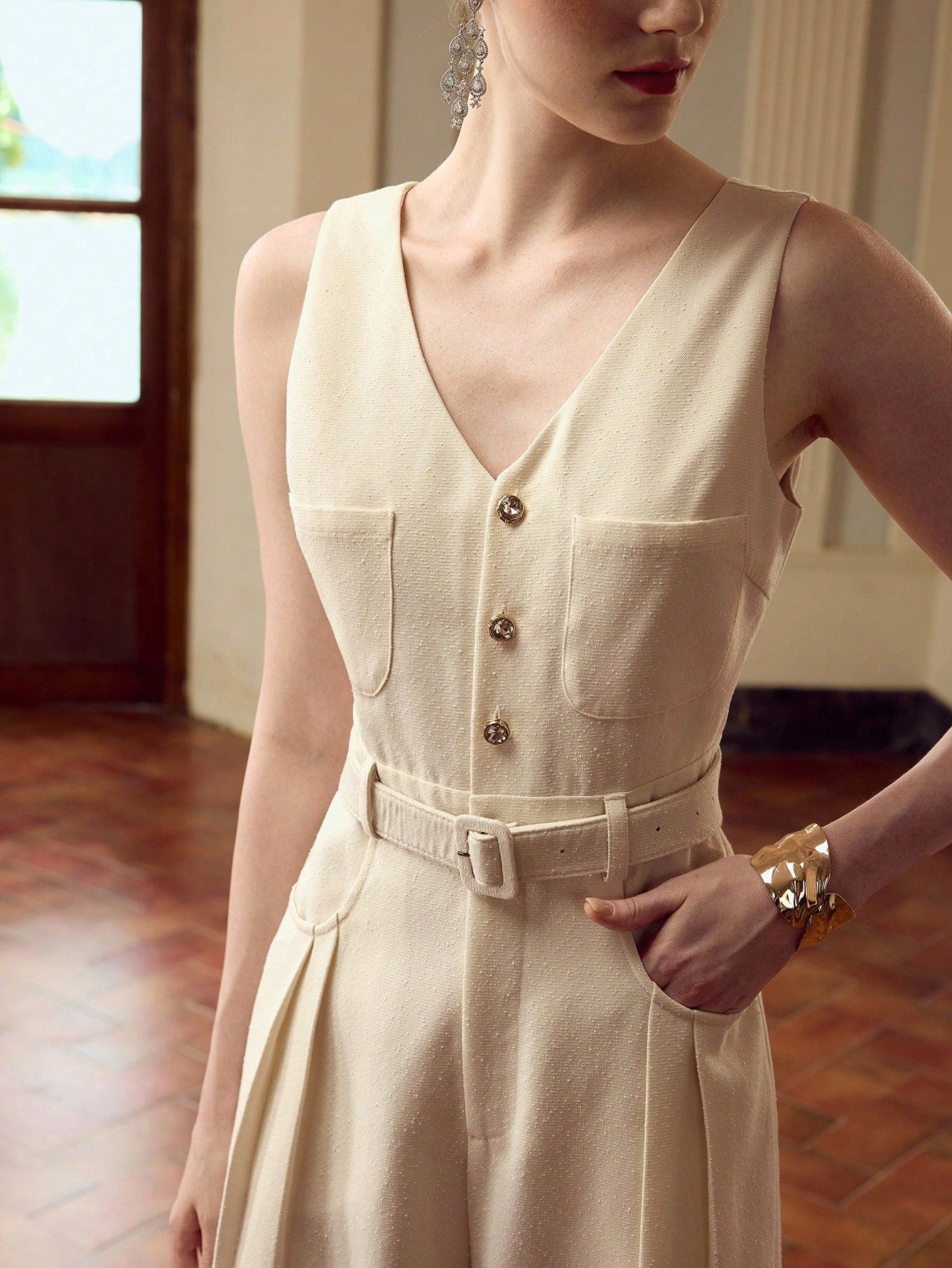 CM-JS928147 Women Elegant Seoul Style V-Neck Sleeveless Buttoned Half-Zip Wide Leg Jumpsuit - Apricot