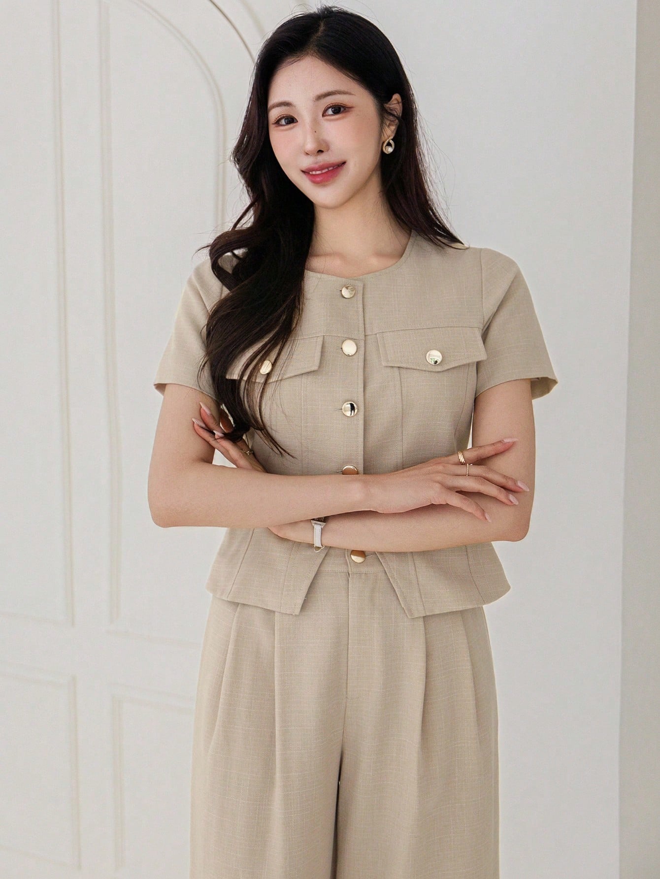 CM-SS453585 Women Casual Seoul Style Plain Front Button Closure Short Sleeve Top With Long Pants - Set