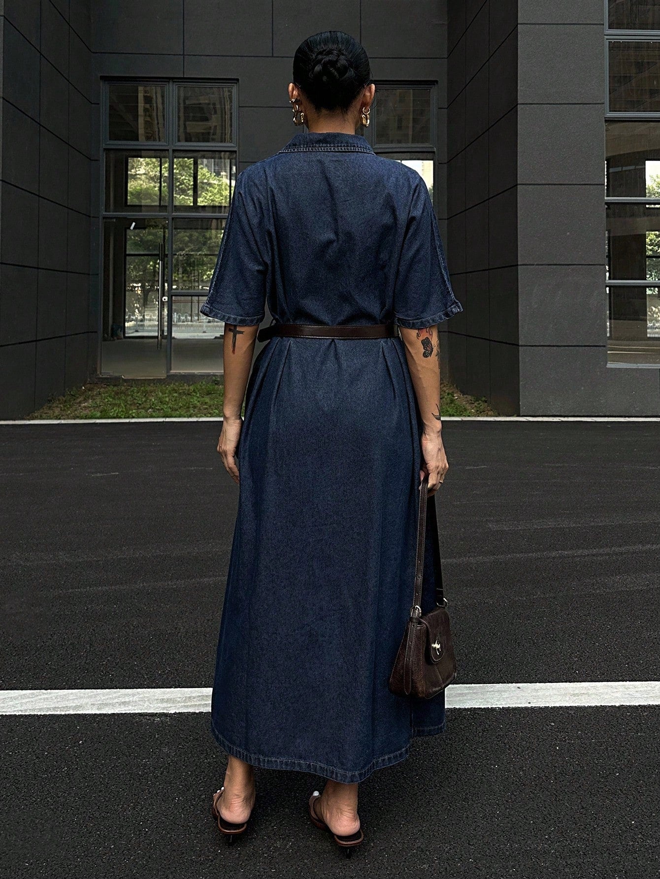CM-DS532122 Women Casual Seoul Style Collar Neckline Short Sleeve Waist Cinching Denim Dress - Blue