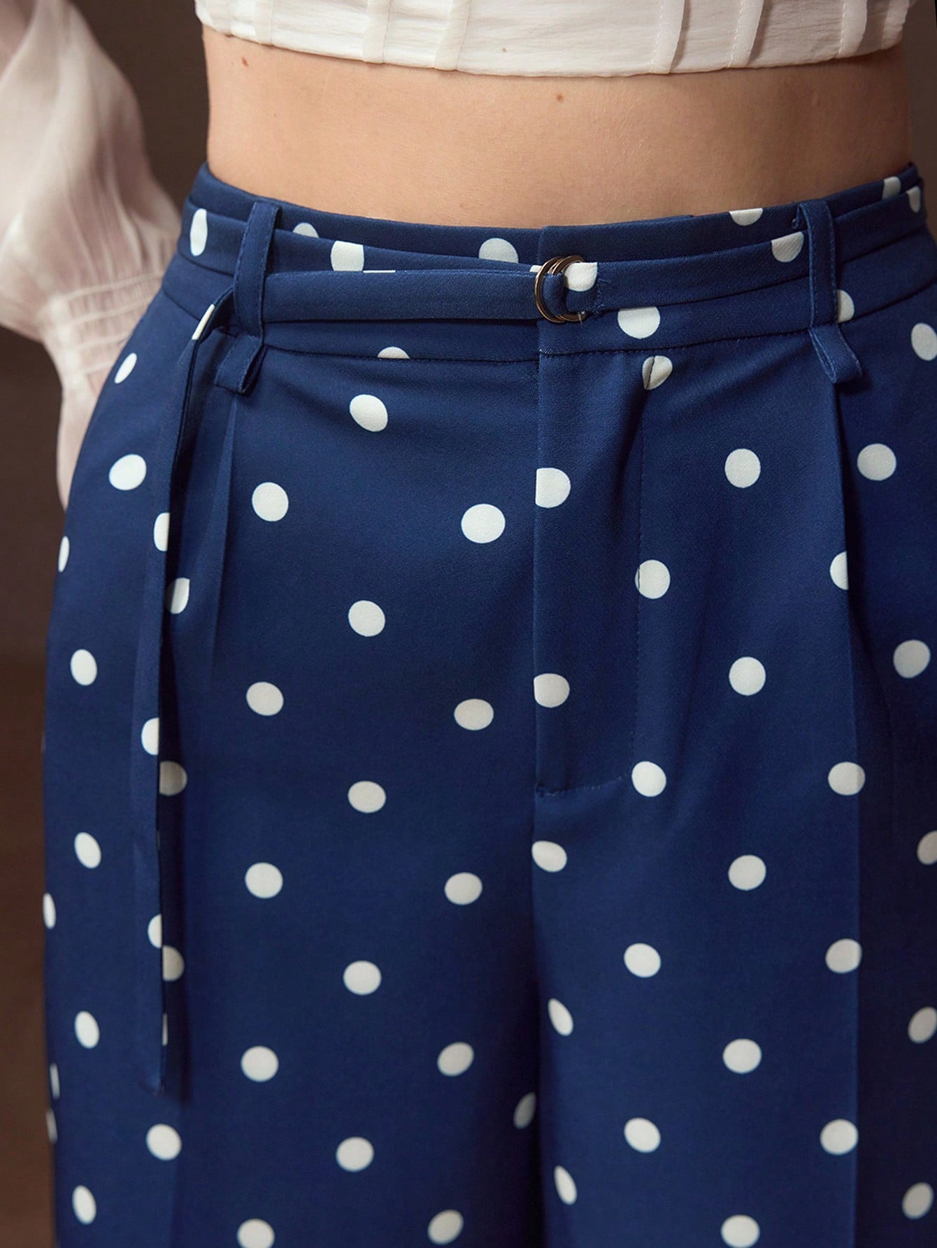 CM-BS543014 Women Elegant Seoul Style Polka Dot Press Crease Wide Leg Pants - Navy Blue