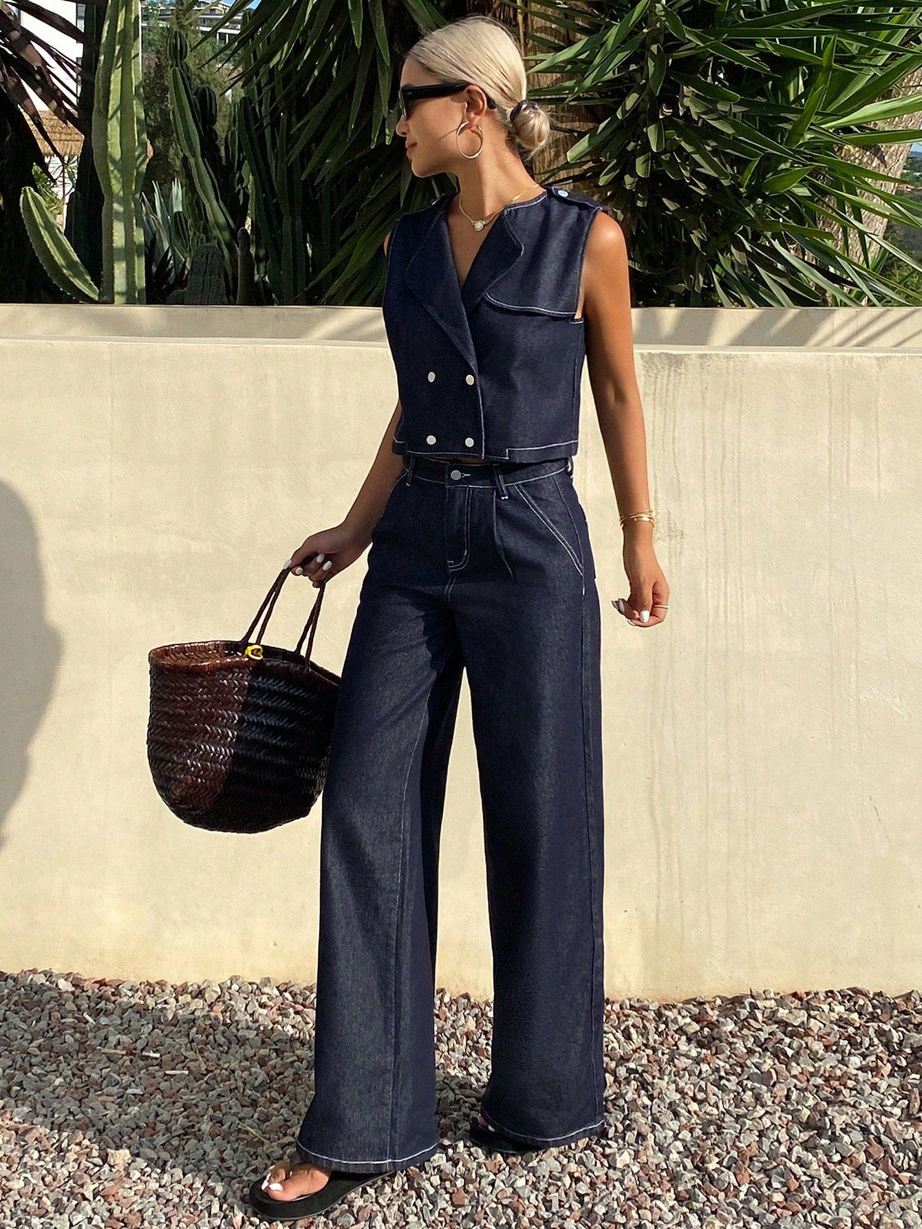 CM-SS602097 Women Casual Seoul Style Lapel Neckline Sleeveless Denim Vest With Pants - Set
