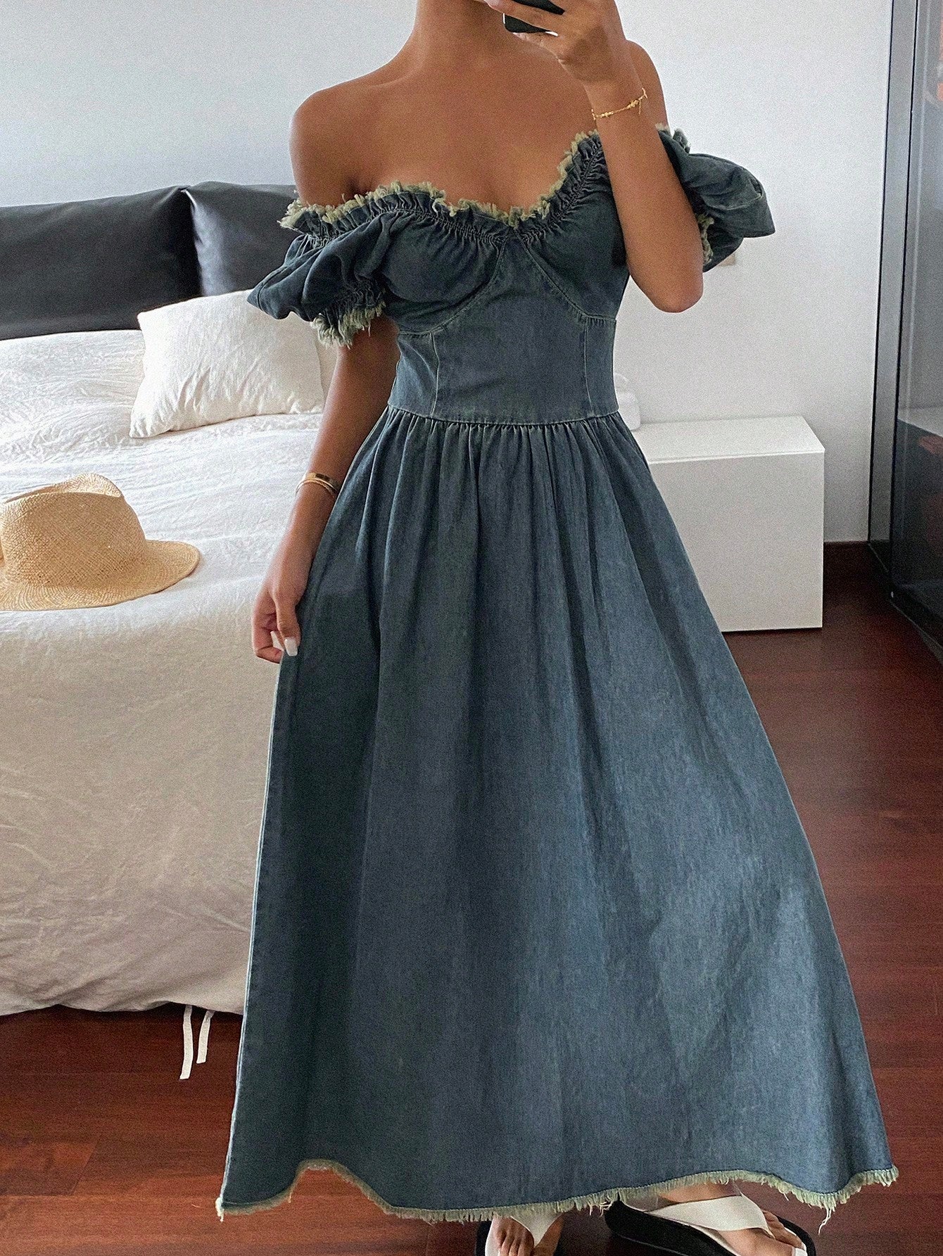 CM-DS718317 Women Casual Seoul Style Sweetheart Neckline Ripped Puff Sleeve Waisted A-Line Long Denim Dress - Blue