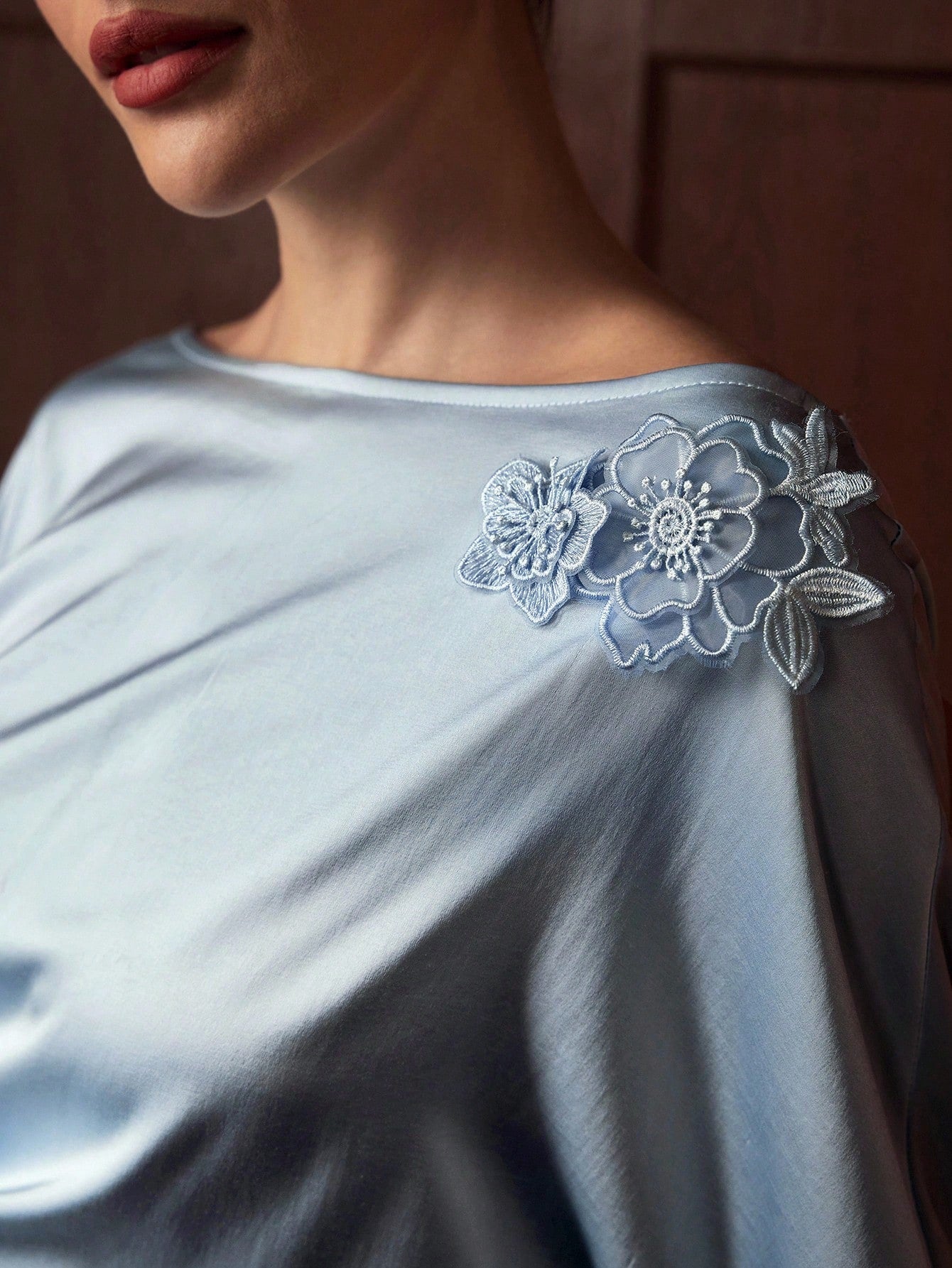 CM-TS798230 Women Elegant Seoul Style 3D Floral Decor Oblique Shoulder Long Sleeve Waist Cinched Blouse - Blue