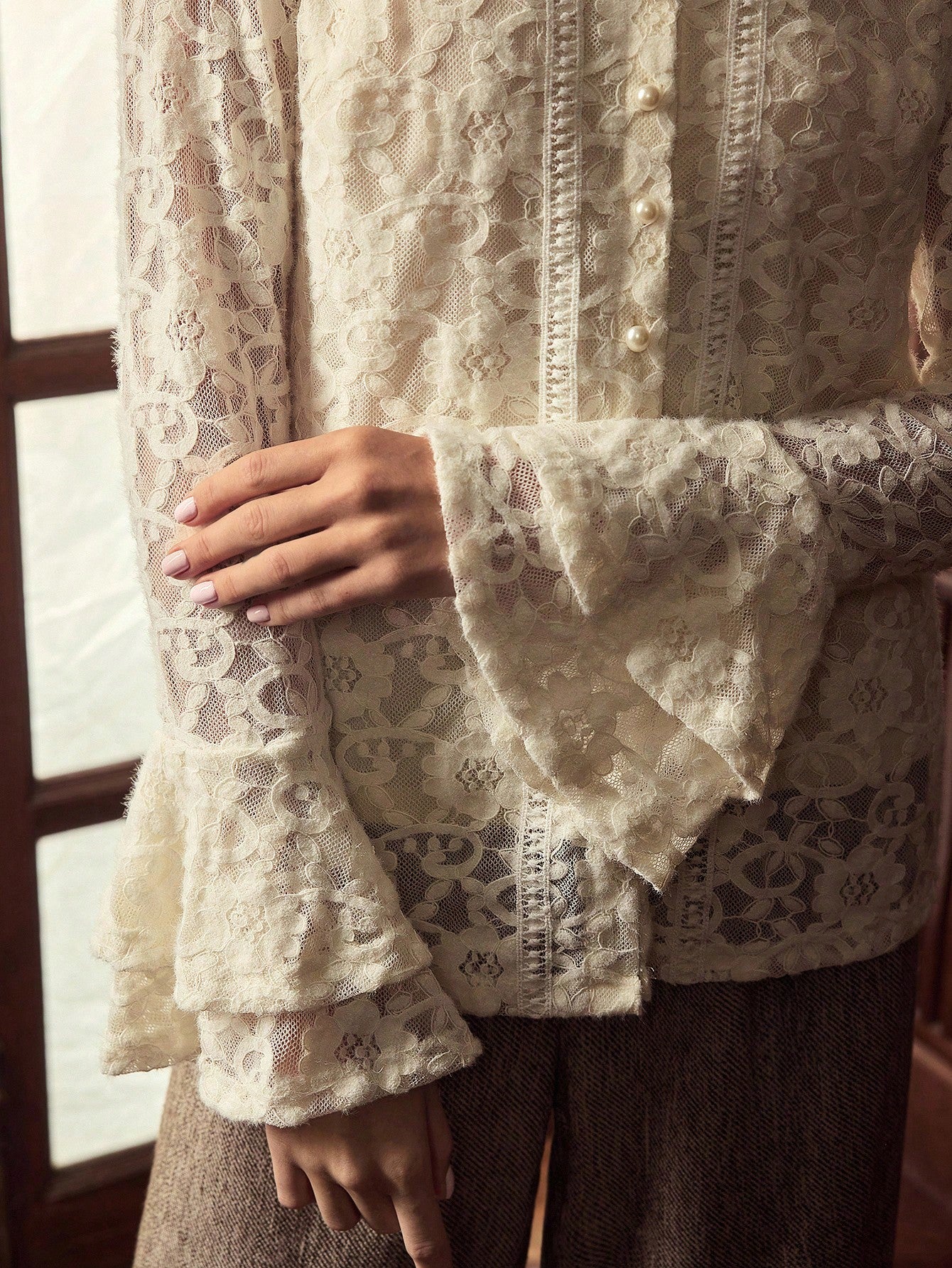 CM-TS067432 Women Elegant Seoul Style Lace Button Up Stand Collar Long Sleeve Blouse